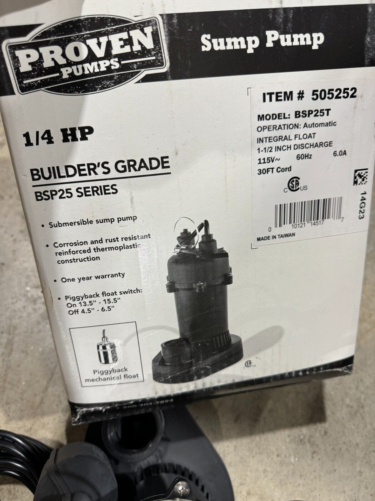 NEW PROVEN PUMPS 115V. SUMP PUMP 1/4HP 1-1/2" DISCHARGE BSP25T