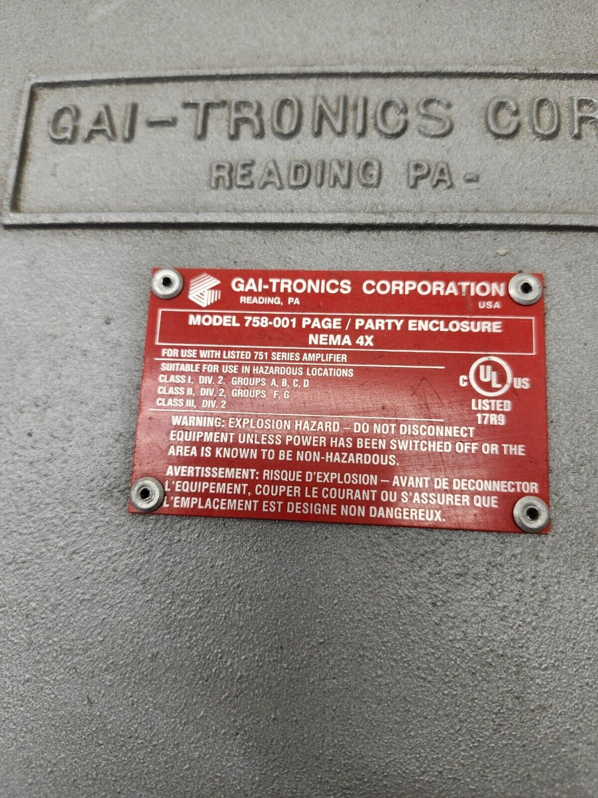 NEW NO BOX GAI-TRONICS HUBBELL WEATHERPROOF ALUMINIUM ENCLOSURE 758-001