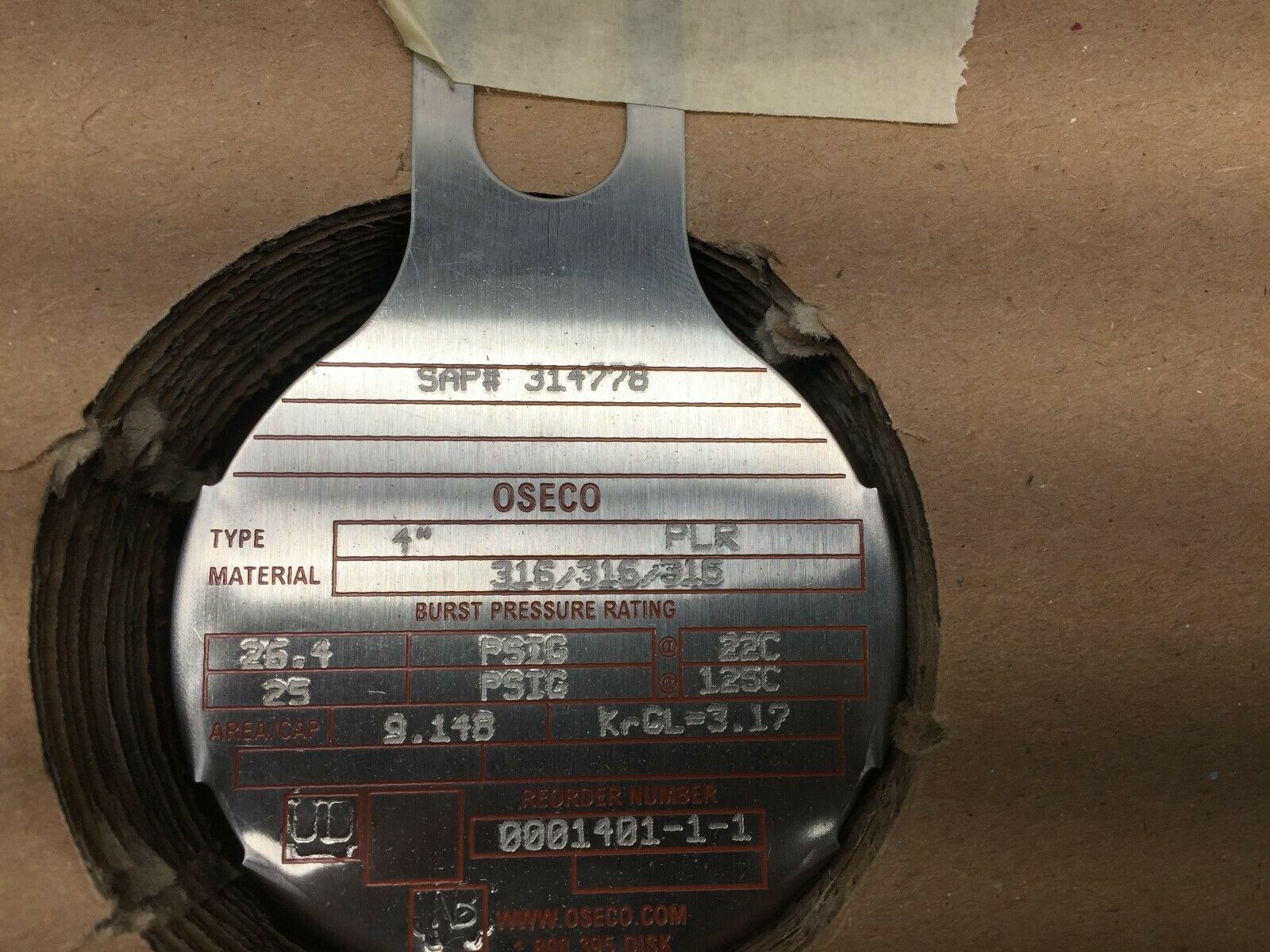 NEW IN BOX OSECO PLR 4" 316SS 26.40PSIG RUPTURE DISK 314778 / 1401-1-1