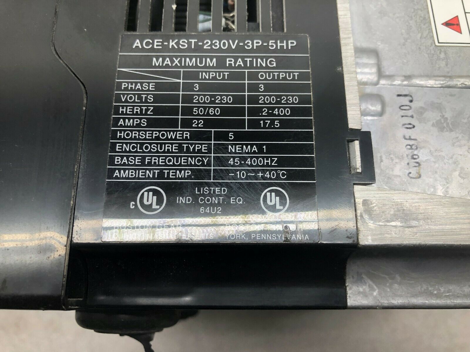 USED BOSTON GEAR KST SERIES 5 HP 22 AMPS 200-230 VAC 3 PH ACE INVERTER ACE-KST-