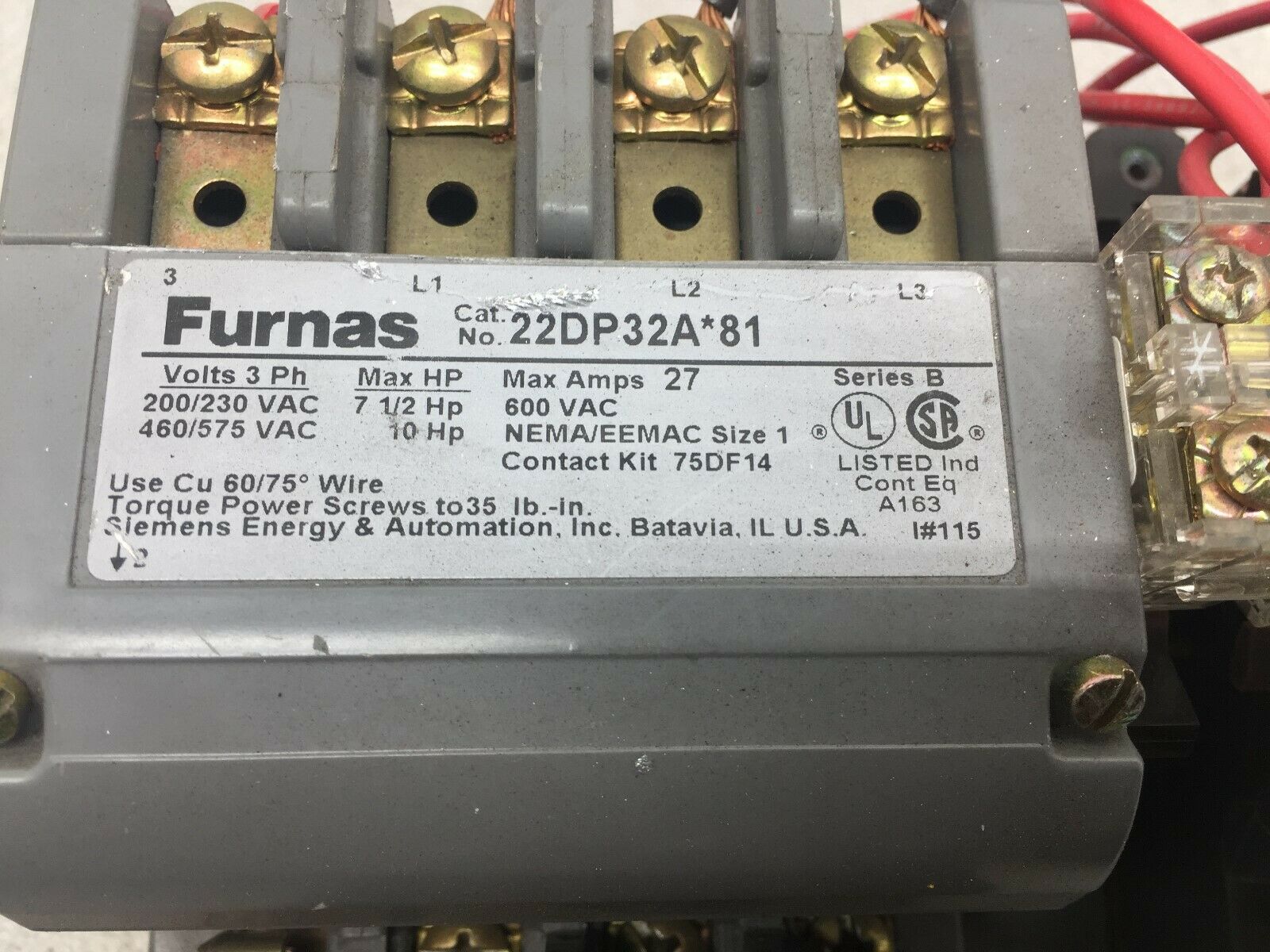 USED FURNAS SIZE 1 27 AMPS 120/240 VAC COIL 600VAC 3 POLE REVERSING STARTER 22DP