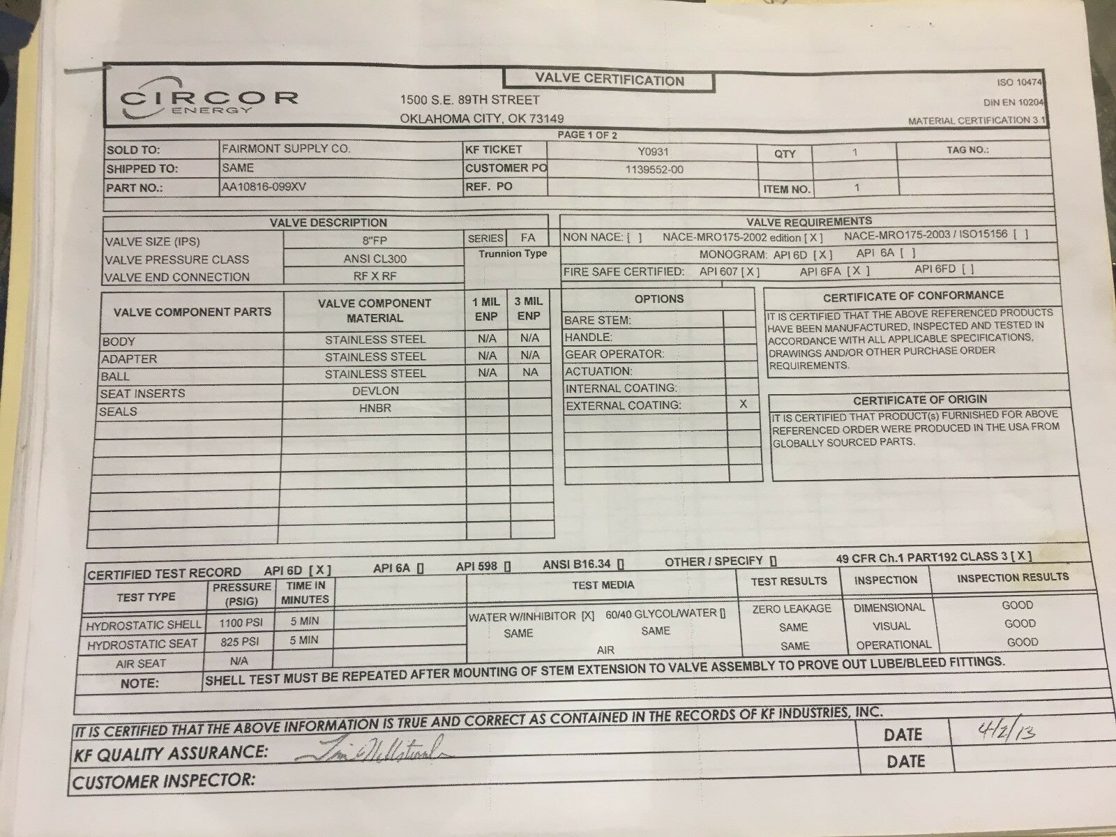 NEW KF FIRE SAFE CF8M 8X8 STAINLESS 8" VALVE AA10816-099XV WITH 7D-33-4186