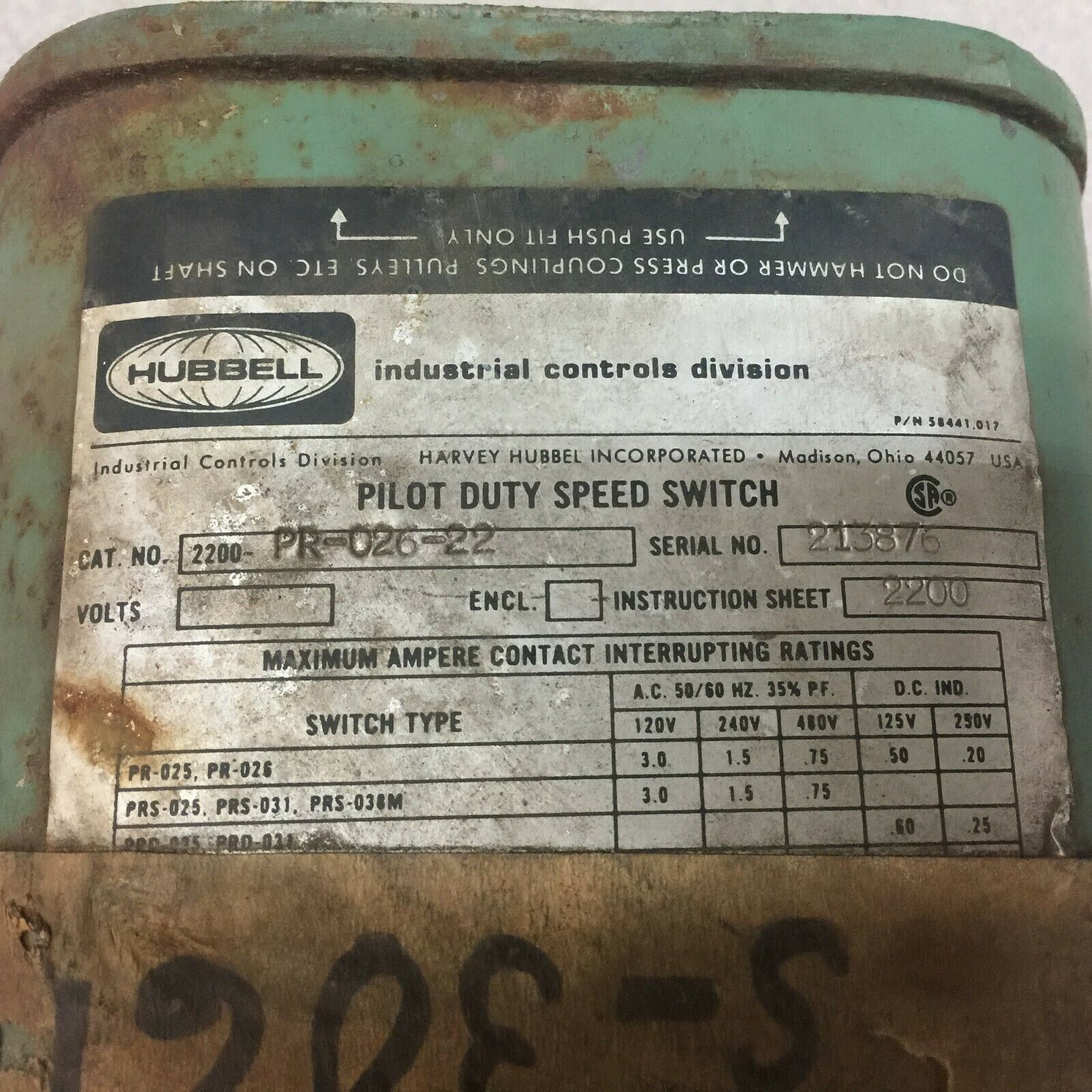 NEW NO BOX HUBBELL PILOT DUTY SPEED SWITCH 2200-PR-026-22
