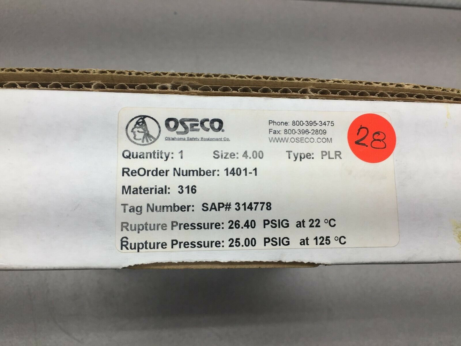 NEW IN BOX OSECO PLR 4" 316SS 26.40PSIG RUPTURE DISK 314778 / 1401-1-1