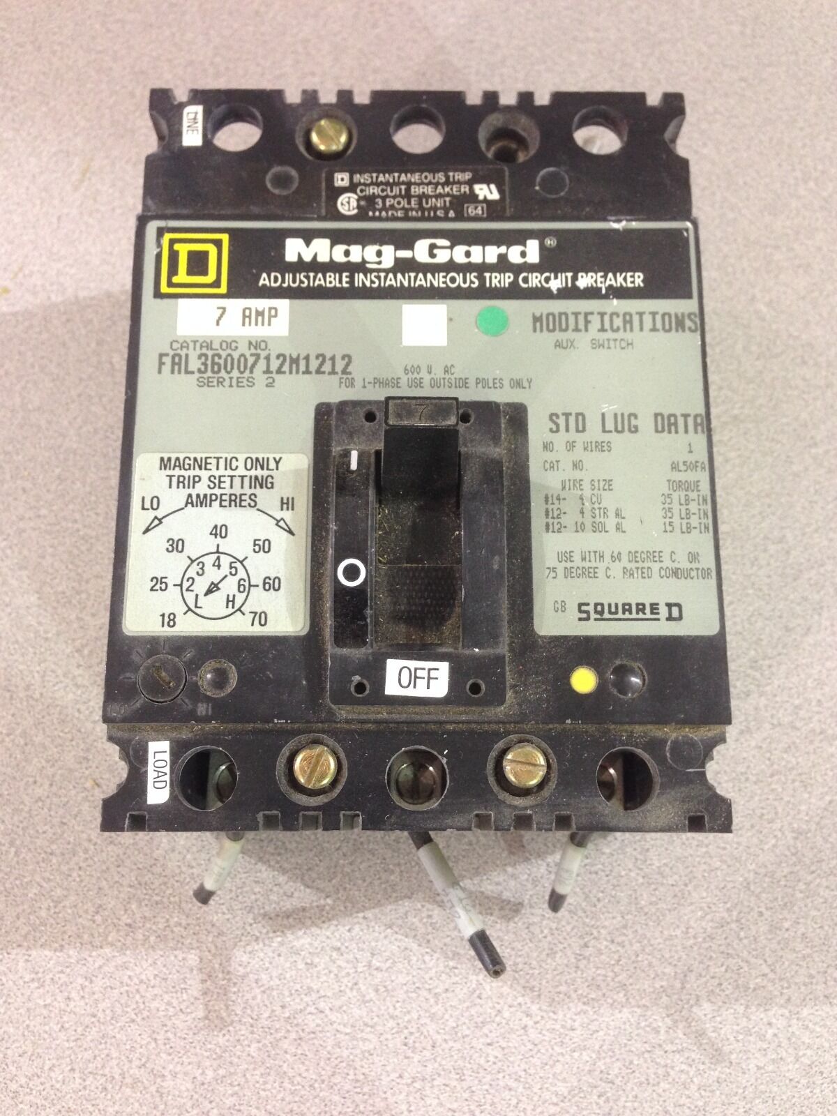 USED SQUARE D 7 AMP BREAKER FAL3600712M1212 SERIES 2 (D6)