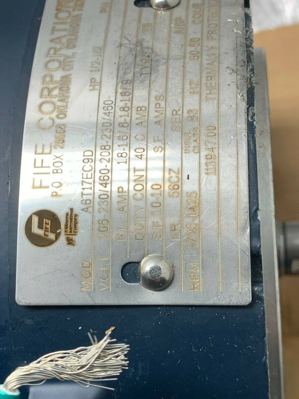 NEW NO BOX FIFE 1/2HP ELECTRIC MOTOR 1725-1425RPM 56CZ FRAME A6T17EC9D