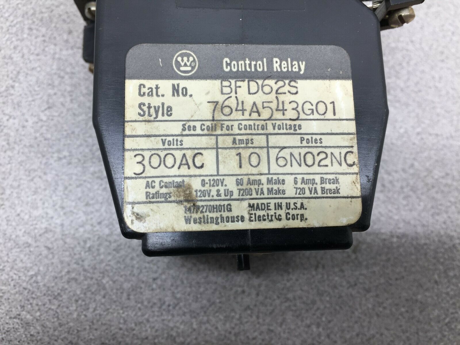 NEW NO BOX WESTINGHOUSE 120VAC COIL 300VAC 10AMP CONTROL RELAY BFD62S