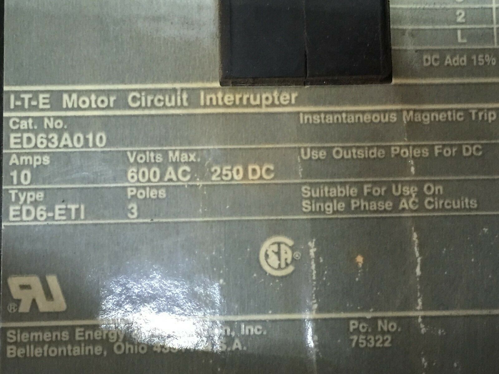 USED SIEMENS 10AMP 3POLE 600VAC 250VDC BREAKER WITH SHUNT TRIP ED63A010 / S01ED