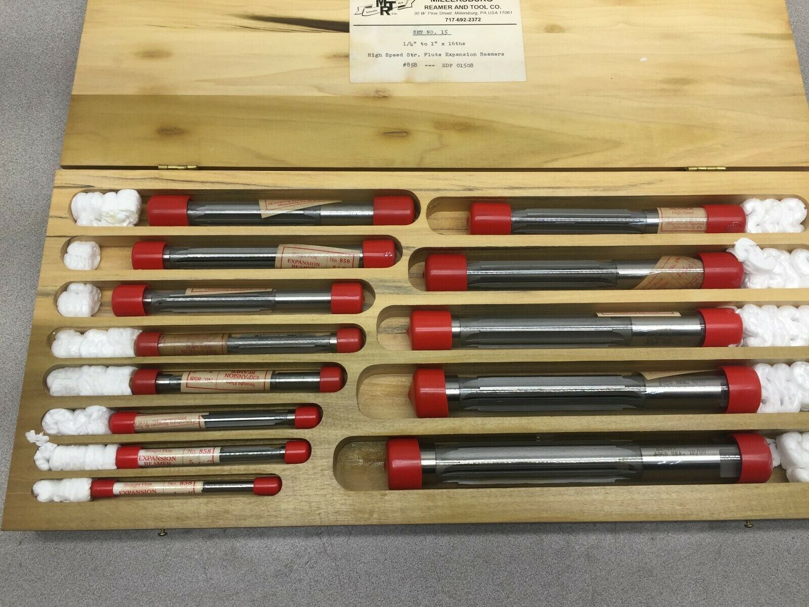 NEW NO BOX M.R.&T 1/4"-1" X1/16 #858 HIGH SPEED STR FLUTE EXP REAMER EDP 01508