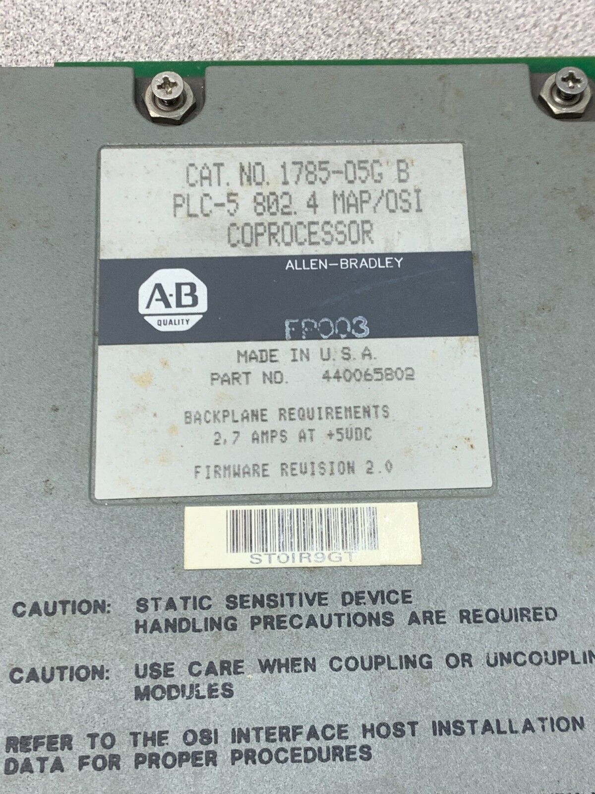 USED ALLEN BRADLEY PLC-5 802.4 MAP/OSI COPROCESSOR MODULE 1785-05G SERIES B