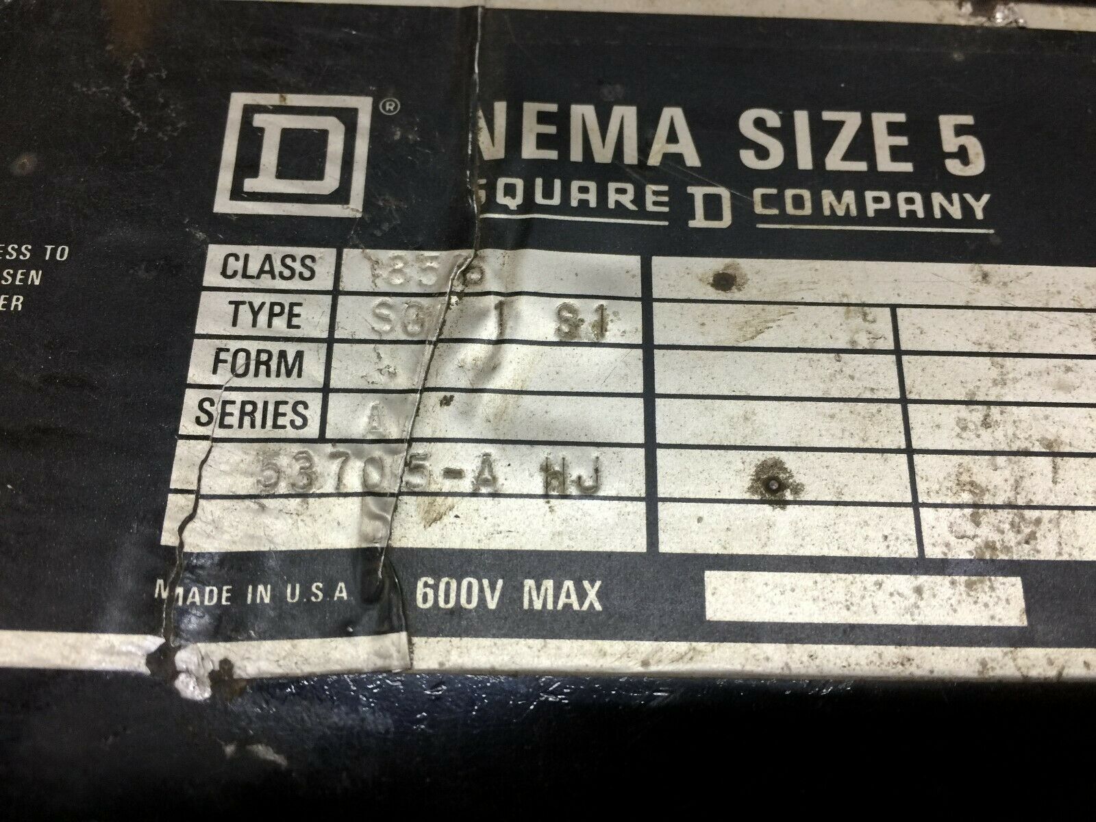 USED SQUARE D SIZE 5 3POLE 480VAC COIL 600VAC MAX STARTER 8536-SG01