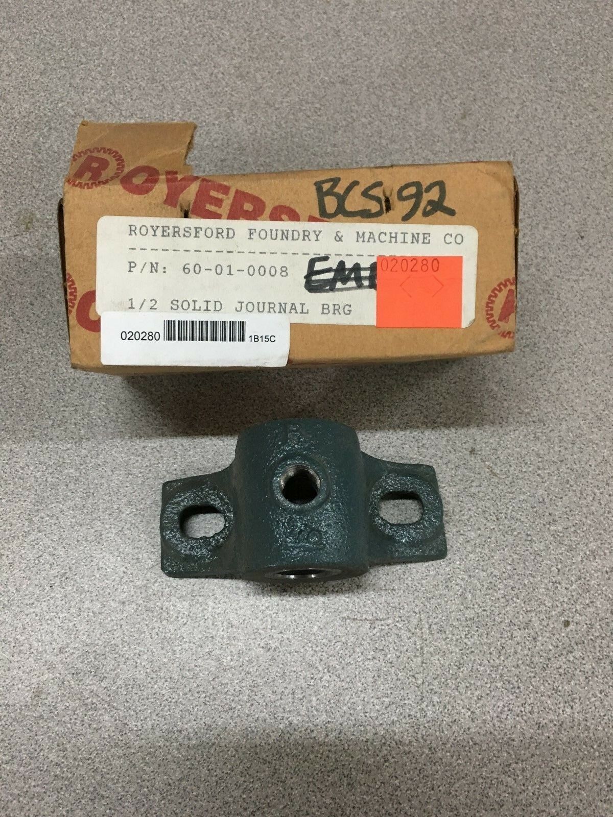 NEW IN BOX ROYERSFORD FOUNDRY 1/2" SOLID JOURNAL PILLOW BLOCK BEARING 60-01-0008