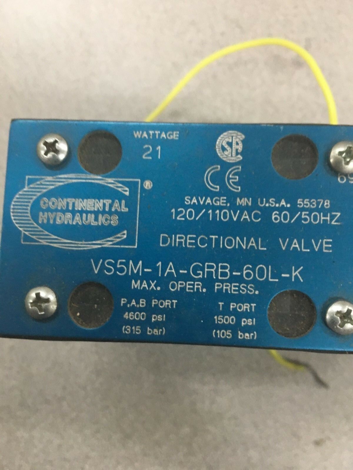 NEW NO BOX CONTINENTAL HYDRAULICS DIRECTIONAL VALVE VS5M-1A-GRB-60L-K