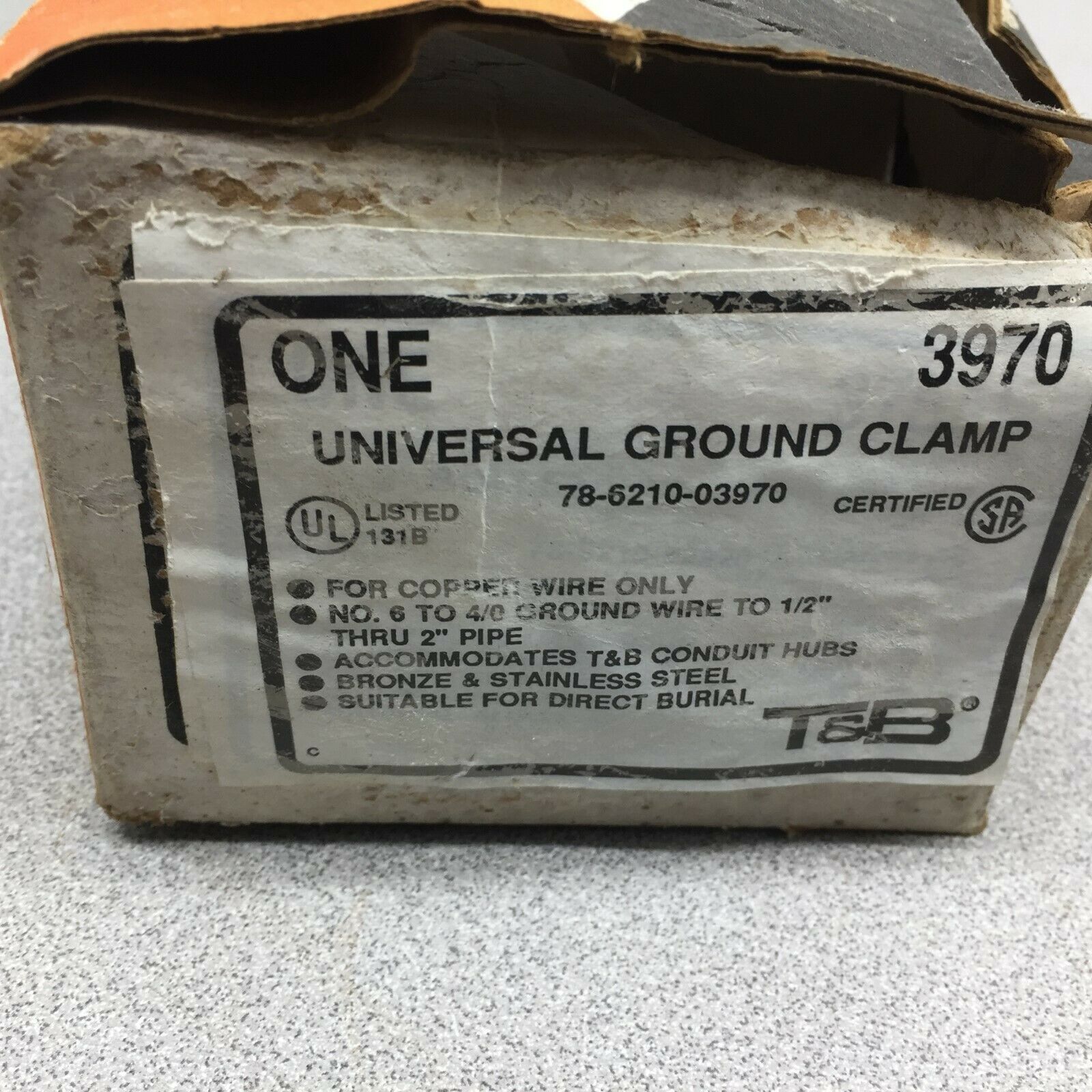 NEW IN BOX T & B UNIVERSAL GROUND CLAMP #6-4/0 WIRE 1/2-2" PIPE 78-6210-03970