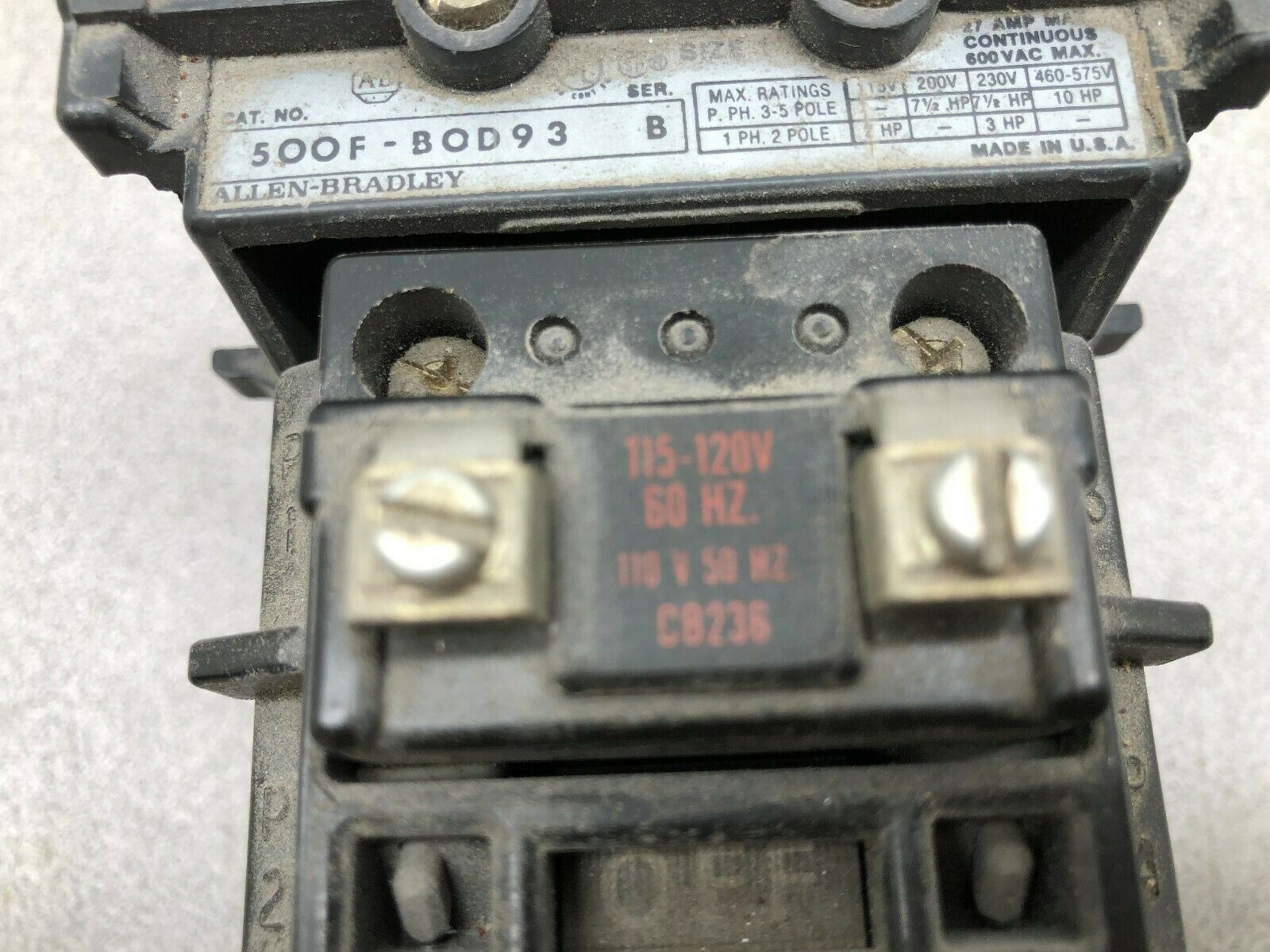 USED ALLEN BRADLEY SIZE 1 27 AMP 600 VAC 3 POLE 120 VAC COIL CONTACTOR 5OOF-BOD9