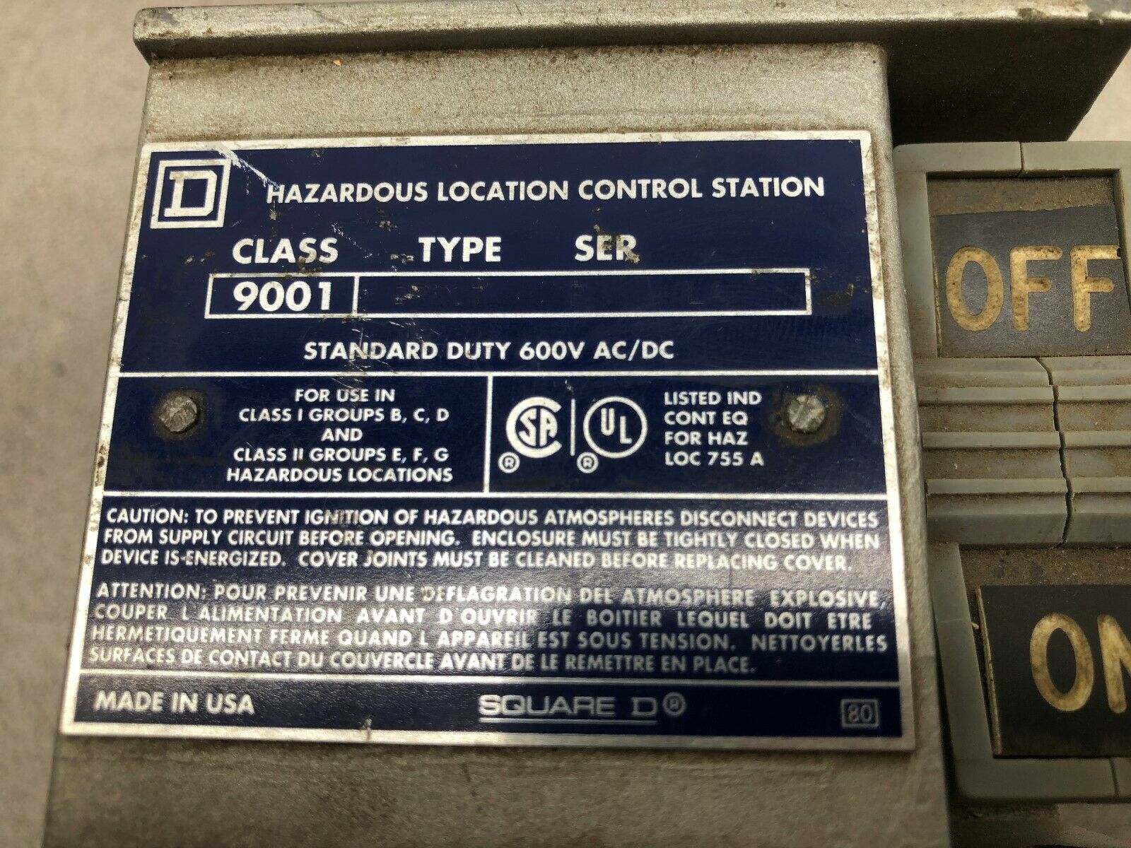 USED SQUARE D 600 VAC/DC HAZARDOUS LOCATION COTROL STATION 9001 BR217