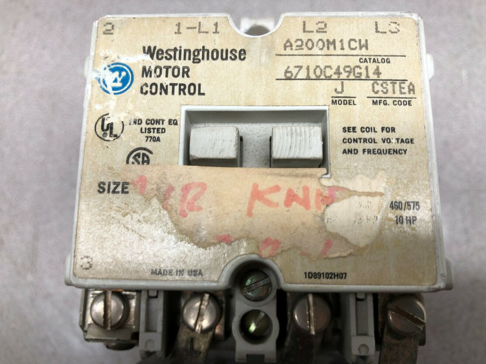 USED WESTINGHOUSE SIZE 1 120 VAC 10 HP 600 VAC MOTOR CONTROL A200M1CW