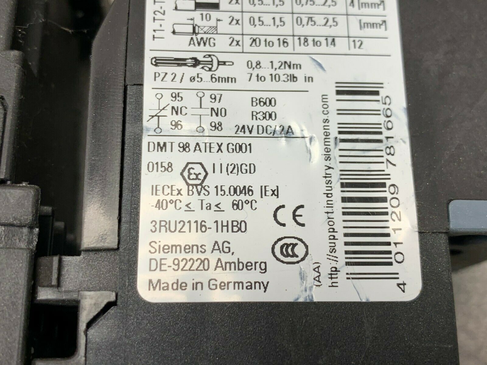 USED SIEMENS CONTACTOR 3RT1017-1AN21 WITH RELAY 3RU2116-1HB0 AND 3RH1911-1FA22