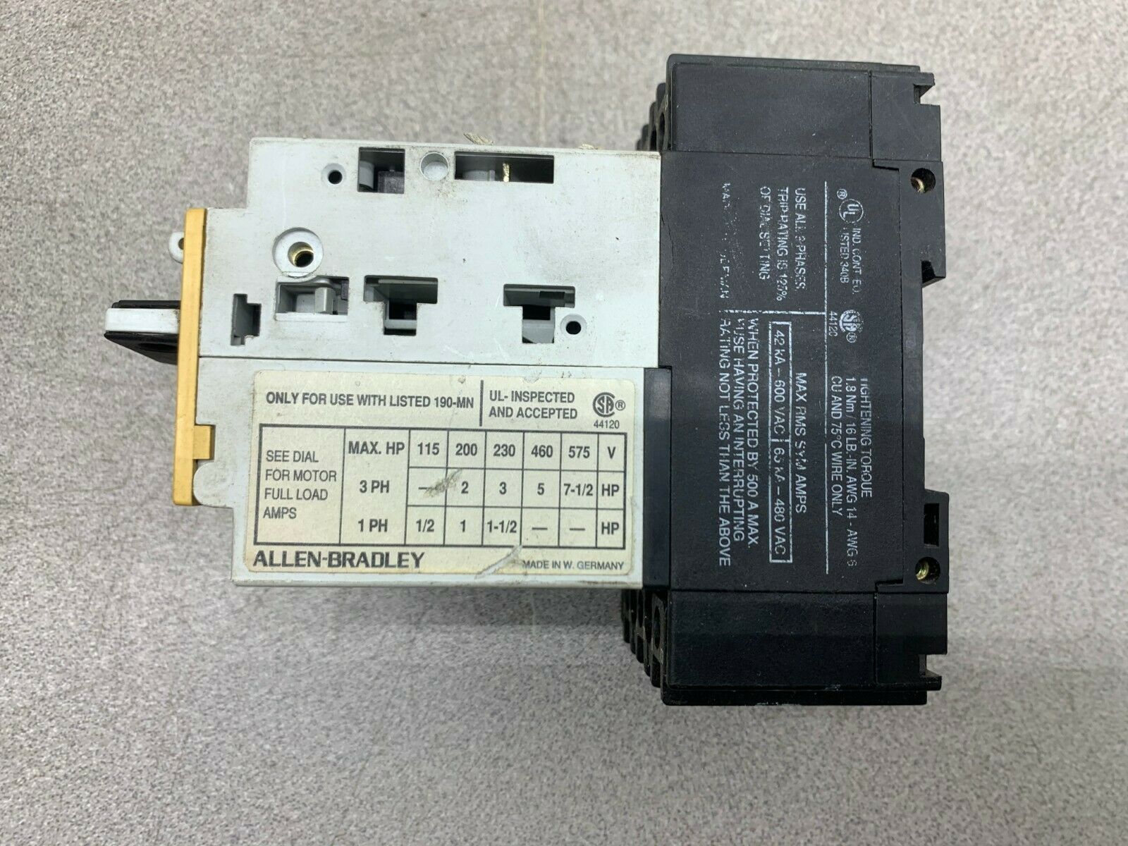 USED ALLEN BRADLEY MOTOR PROTECTOR 190-MN 190-P100