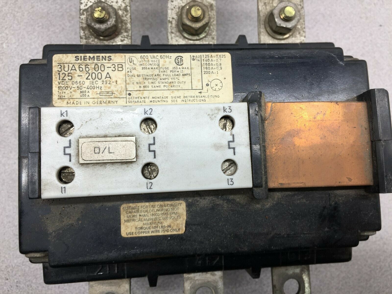 USED SIEMENS 600VAC 3POLE 250AMP STARTER 3TF54 / 3UA6600-3B