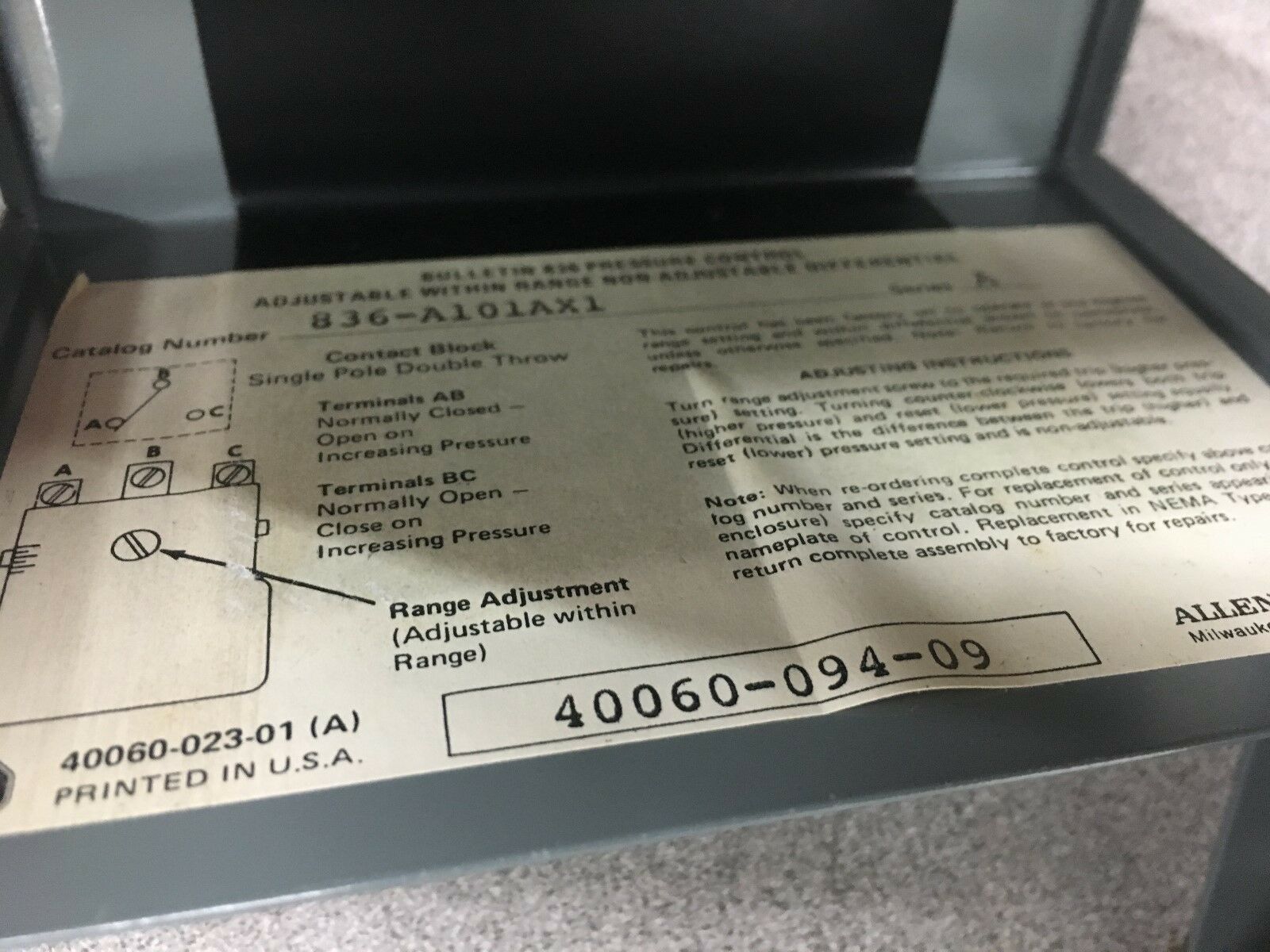 NEW NO BOX ALLEN-BRADLEY PRESSURE CONTROL SWITCH 836-A101AX1 SERIES A