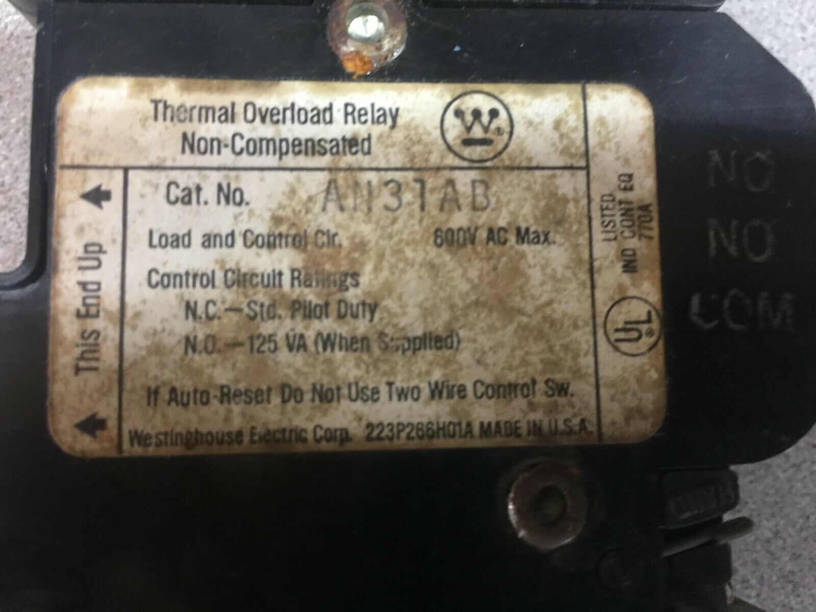 NEW NO BOX WESTINGHOUSE SINGLE POLE THERMAL OVERLOAD RELAY AN31AB