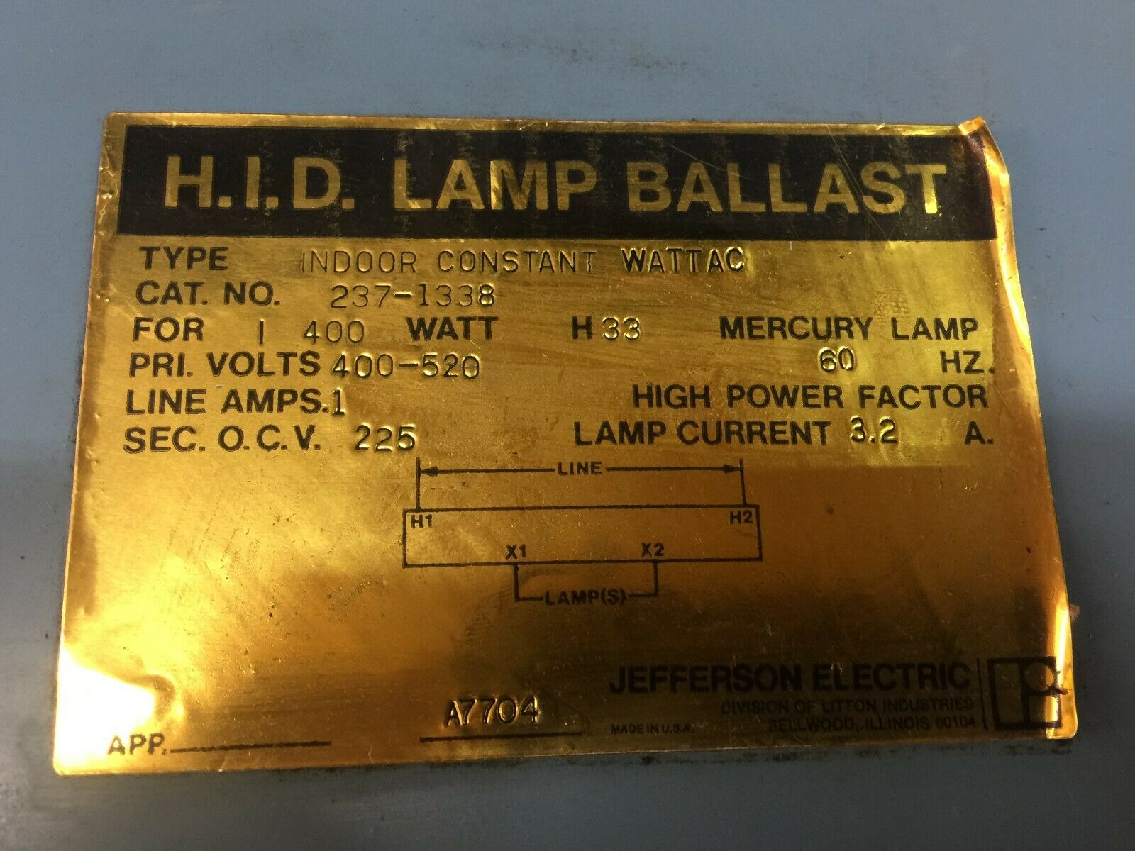 NEW NO BOX H.I.D. 400-520VAC PRI 400WATT 225VAC SEC LAMP BALLAST 237-1338