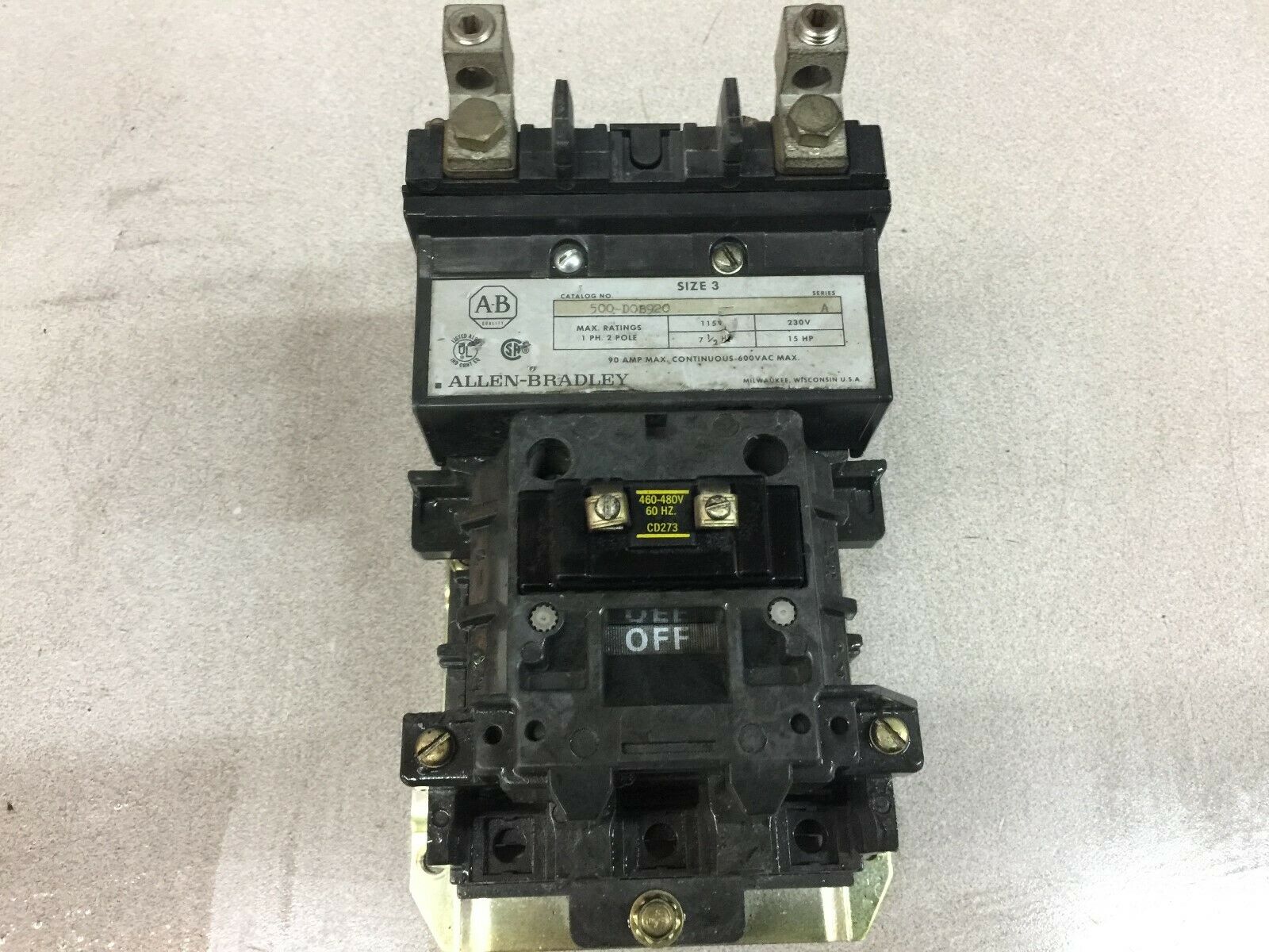 USED ALLEN BRADLEY SIZE 3 480 VAC 2 POLE 90 AMP 600 VAC CONTACTOR 500-DOB920