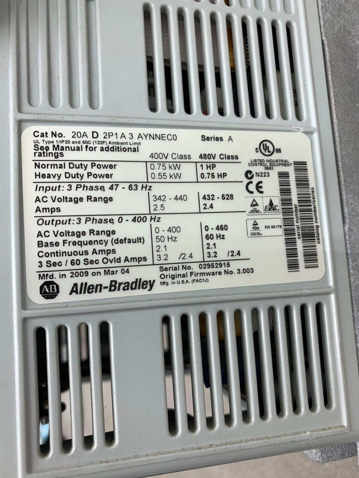USED ALLEN-BRADLEY 1HP POWERFLEX 70 DRIVE 20AD2P1A3AYNNEC0 SERIES A