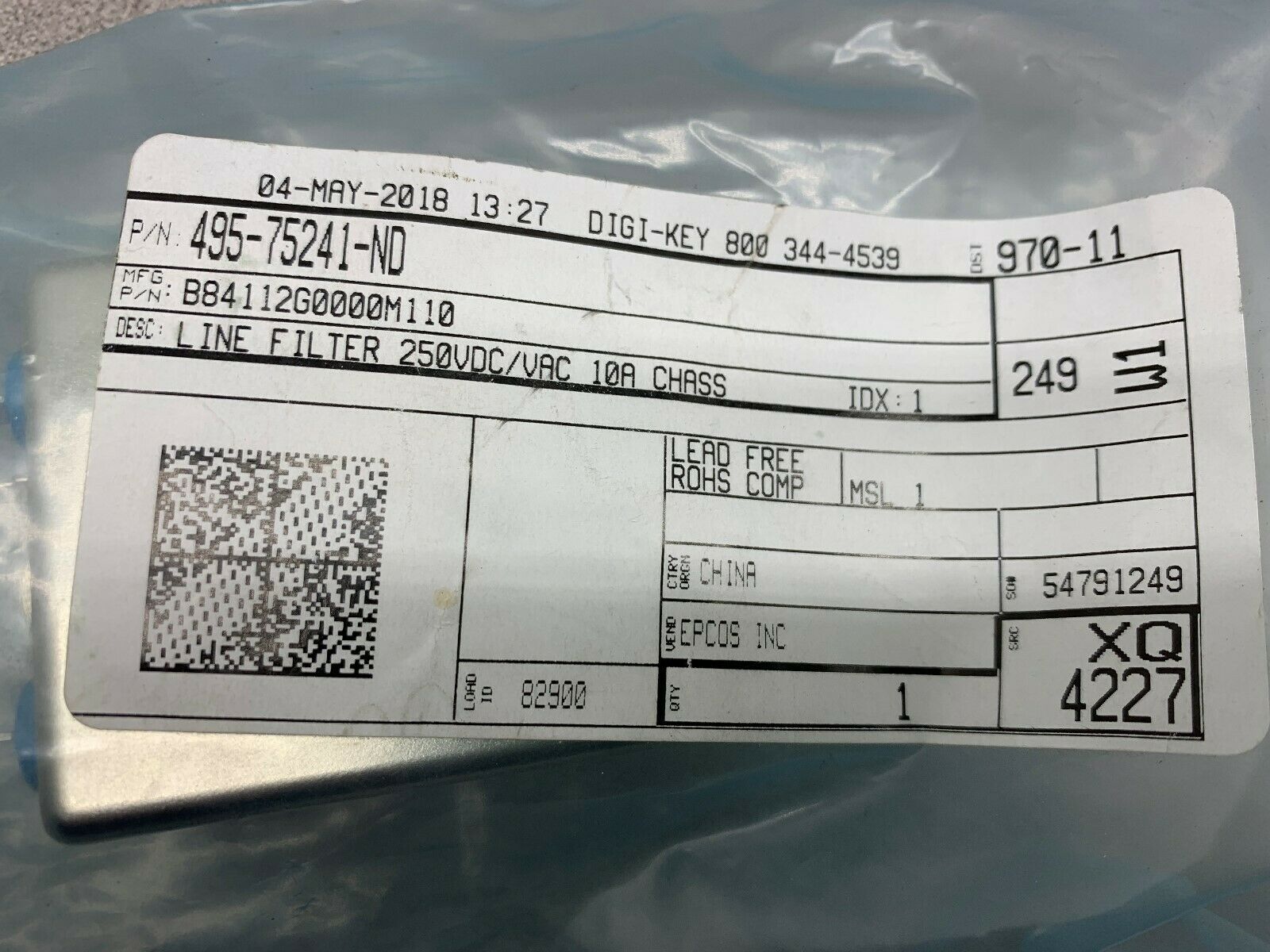 NEW NO BOX EPCOS LINE FILTER 495-75241-ND