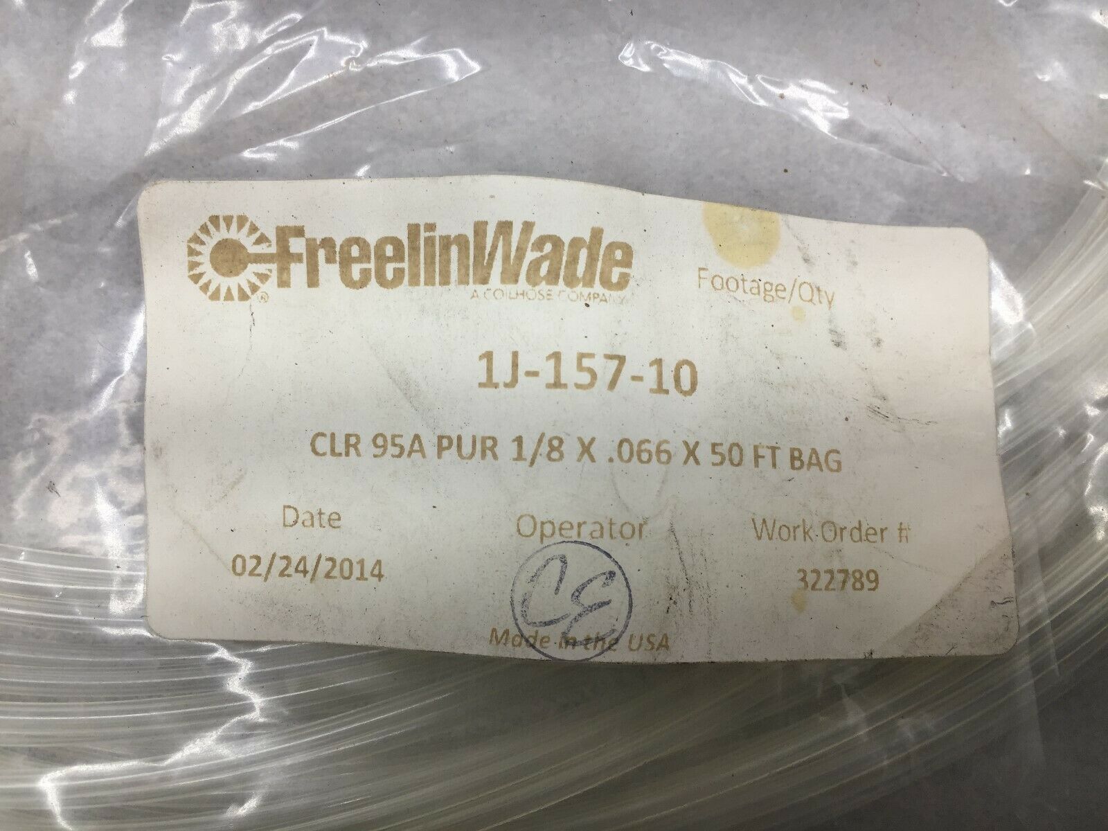 NEW IN BAG FREELIN WADE CLEAR 1/8 X .066 X 50FT TUBING 1J-157-10
