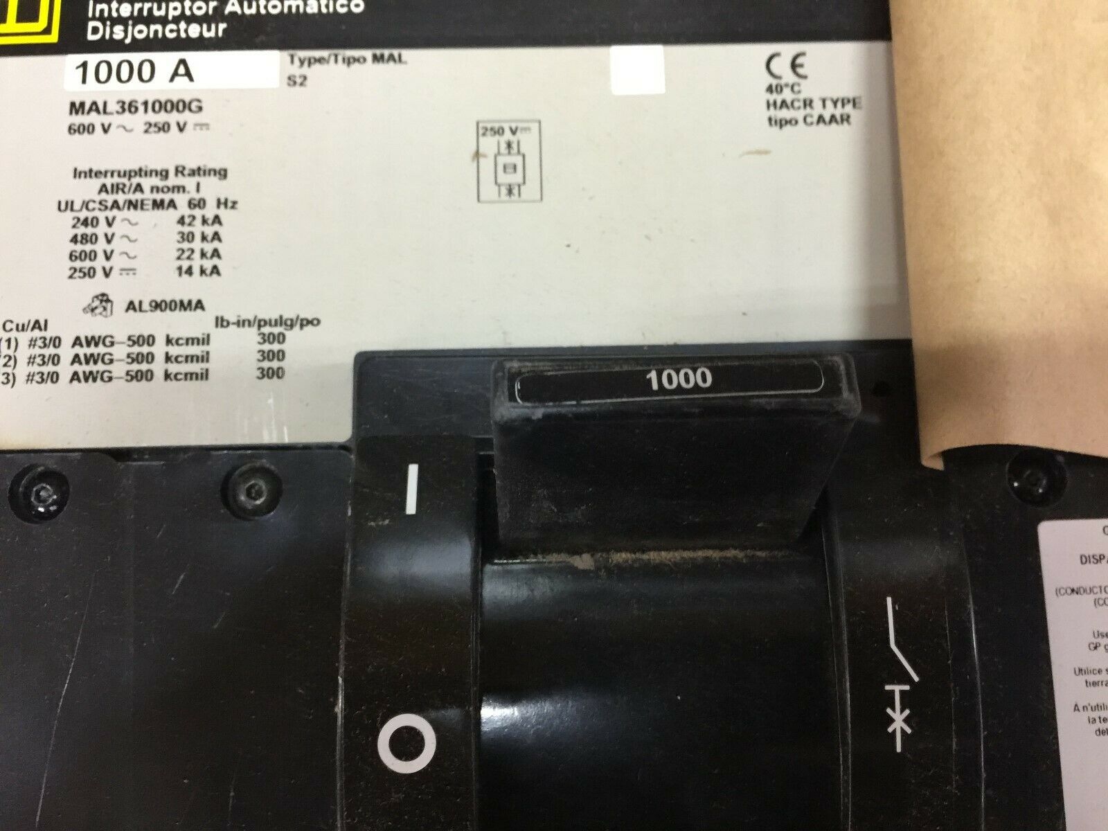 NEW NO BOX SQUARE D 1000AMP 3POLE 600VAC 250VDC BREAKER WITH SHUNT TRIP MAL36100