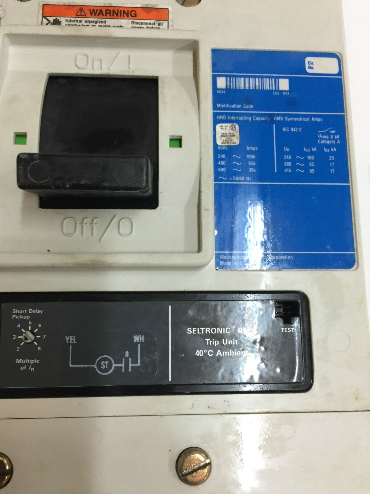 USED WESTINGHOUSE 800 AMP 3 POLE CIRCUIT BREAKER HND 65K CUTLER-HAMMER HND3800TW