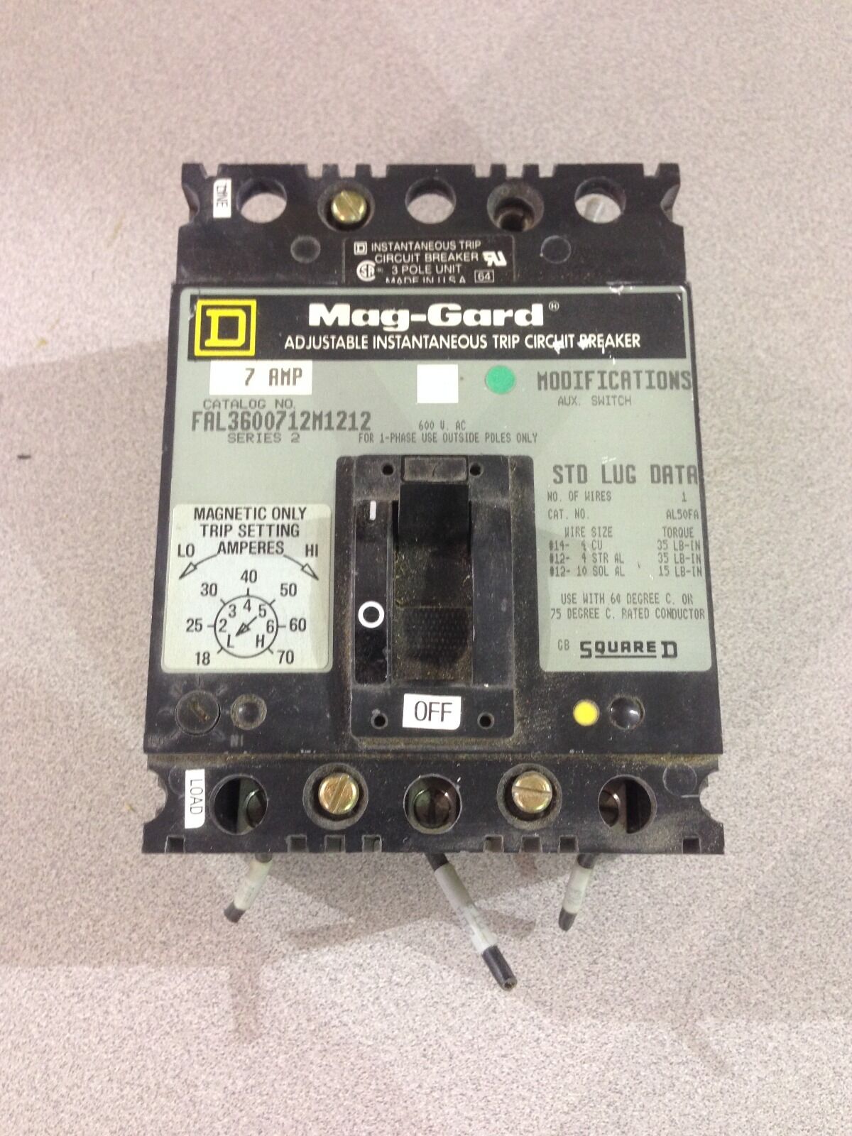 USED SQUARE D 7 AMP BREAKER FAL3600712M1212 SERIES 2 (D6)