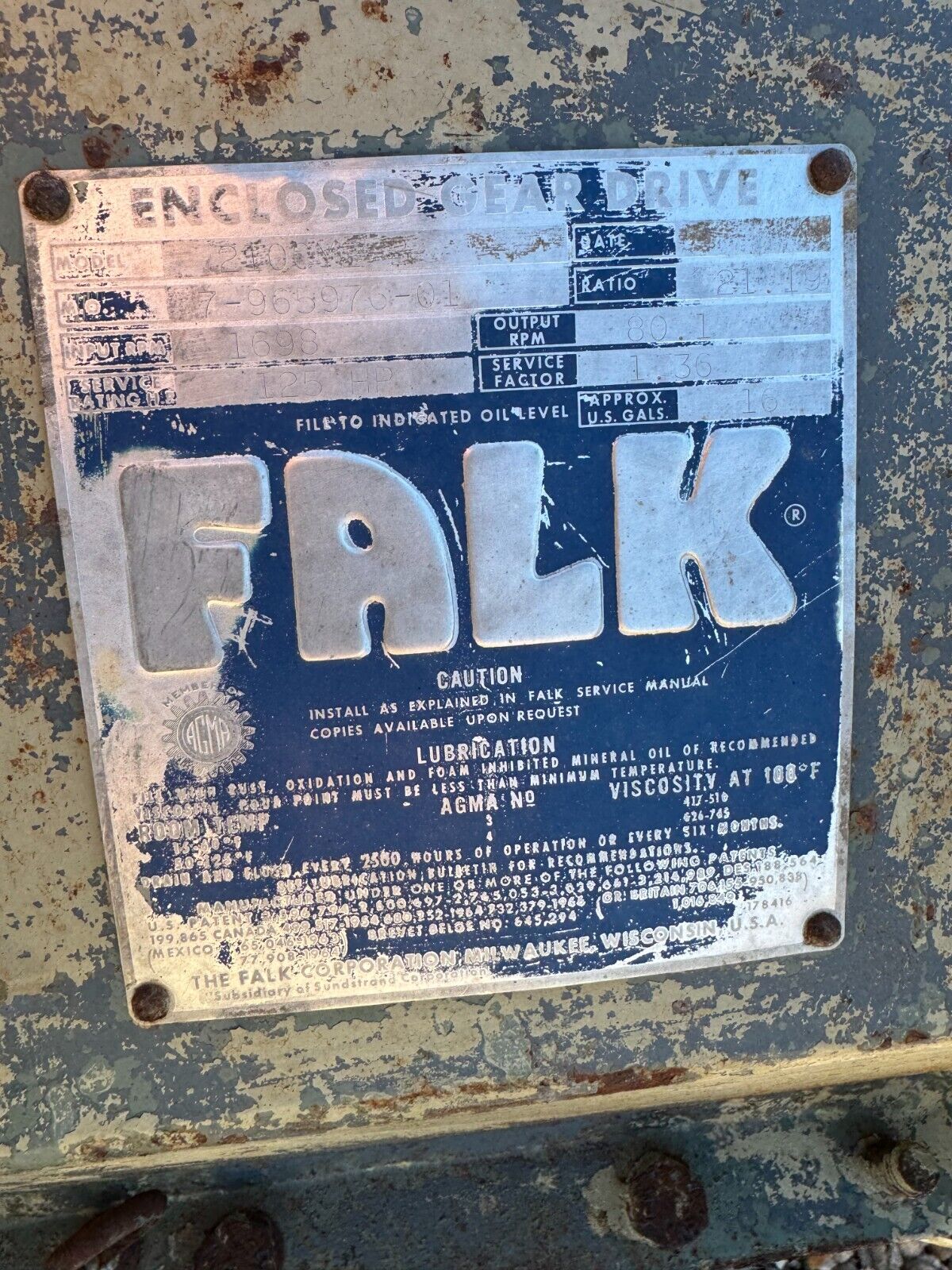 USED FALK 125HP GEAR REDUCER 1.36 SERVICE FACTOR 21.19:1 RATIO 2100Y2-B