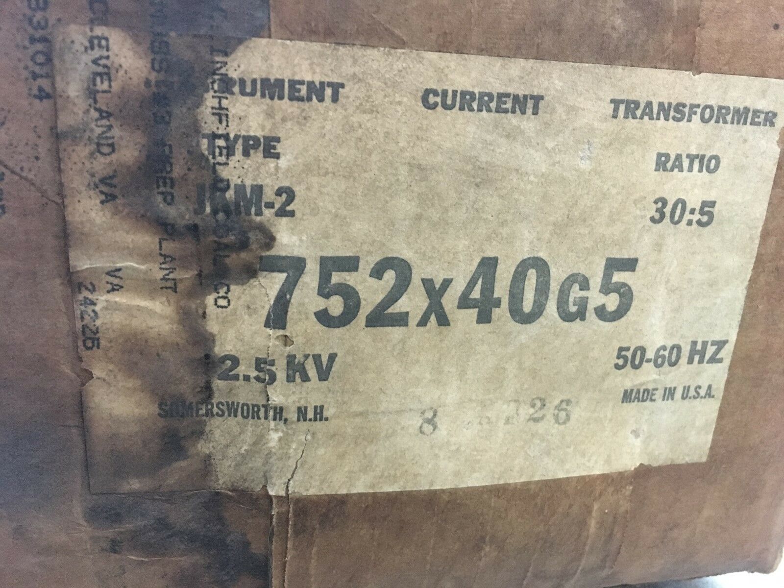 NEW IN BOX GENERAL ELECTRIC TYPE JKM-2 CURRENT TRANSFORMER 30:5 AMP 752X40G5