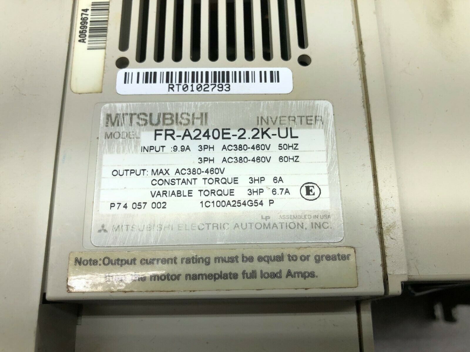 USED MITSUBISHI FREQROL-A200 3 HP 380-460 VAC 3 PH DRIVE FR-A240E-2.2K-UL