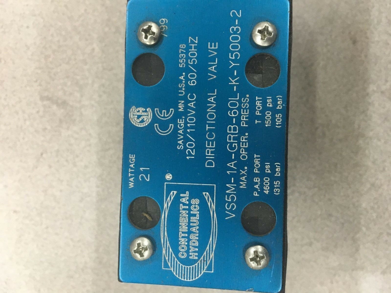 NEW NO BOX CONTINENTAL HYDRAULICS DIRECTIONAL VALVE VS5M-1A-GRB-60L-K-Y5003-2