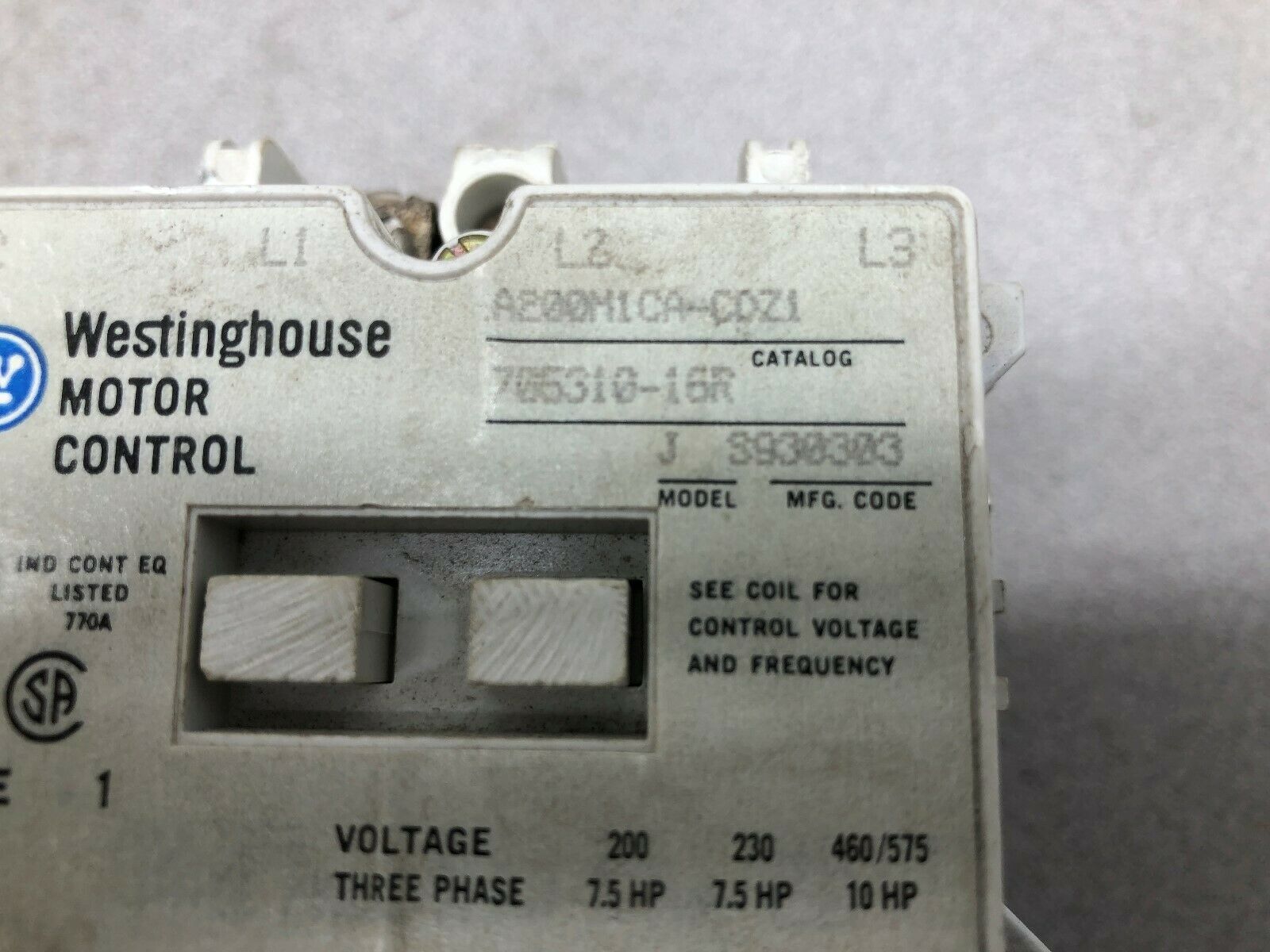 USED WESTINGHOUSE SIZE 1 3 POLE 600 VAC 120 VAC 10 HP STARTER A200M1CA-CDZ1