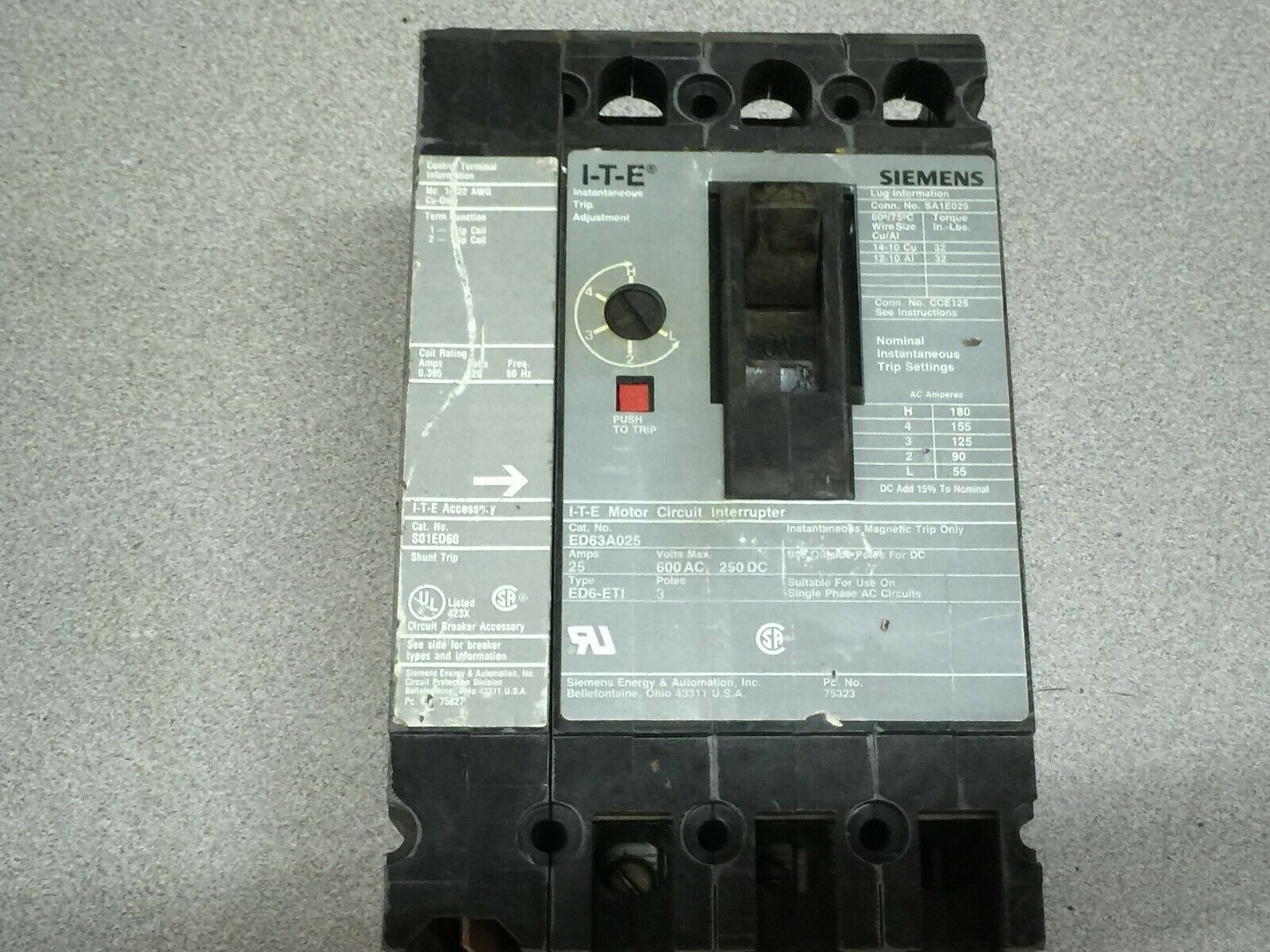 USED GE 25AMP 3POLE 600VAC 250VDC BREAKER WITH SHUNT TRIP ED63A025 / S01ED60