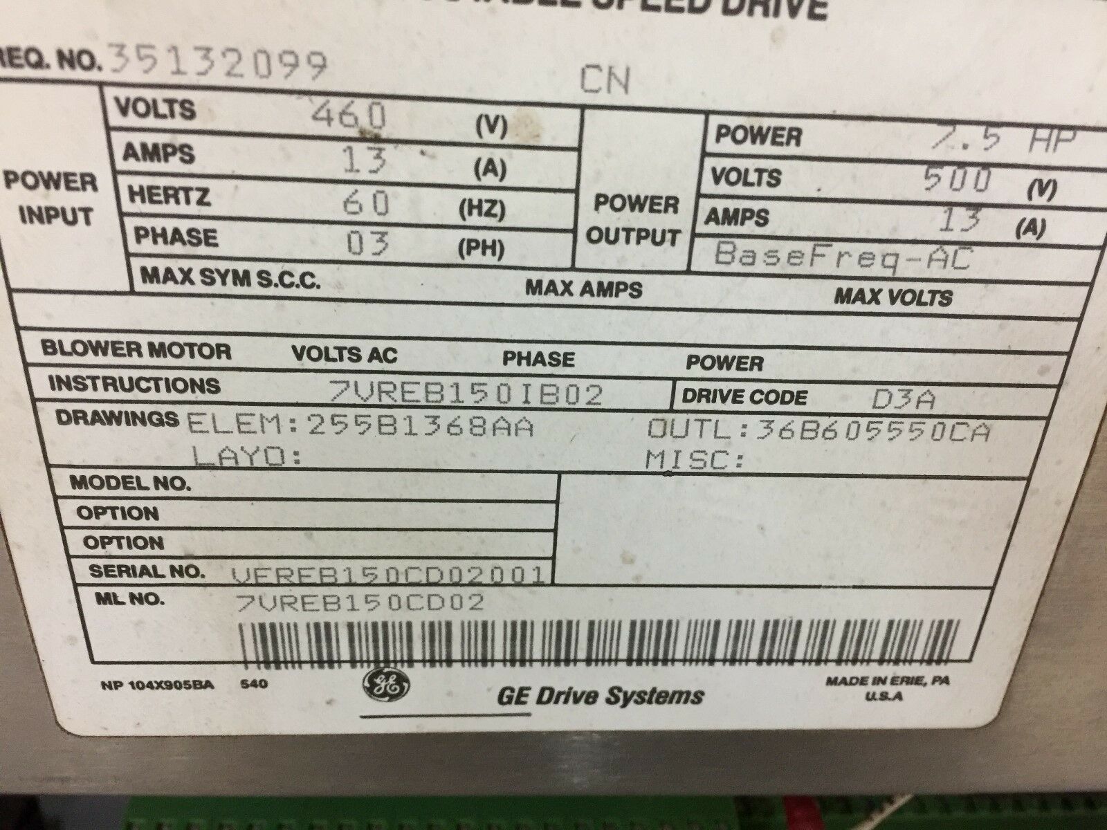 NEW NO BOX GE DC-300 460VAC 13AMPS 3PH 7.5HP ADJUSTABLE SPEED DRIVE 7VREB150CD02