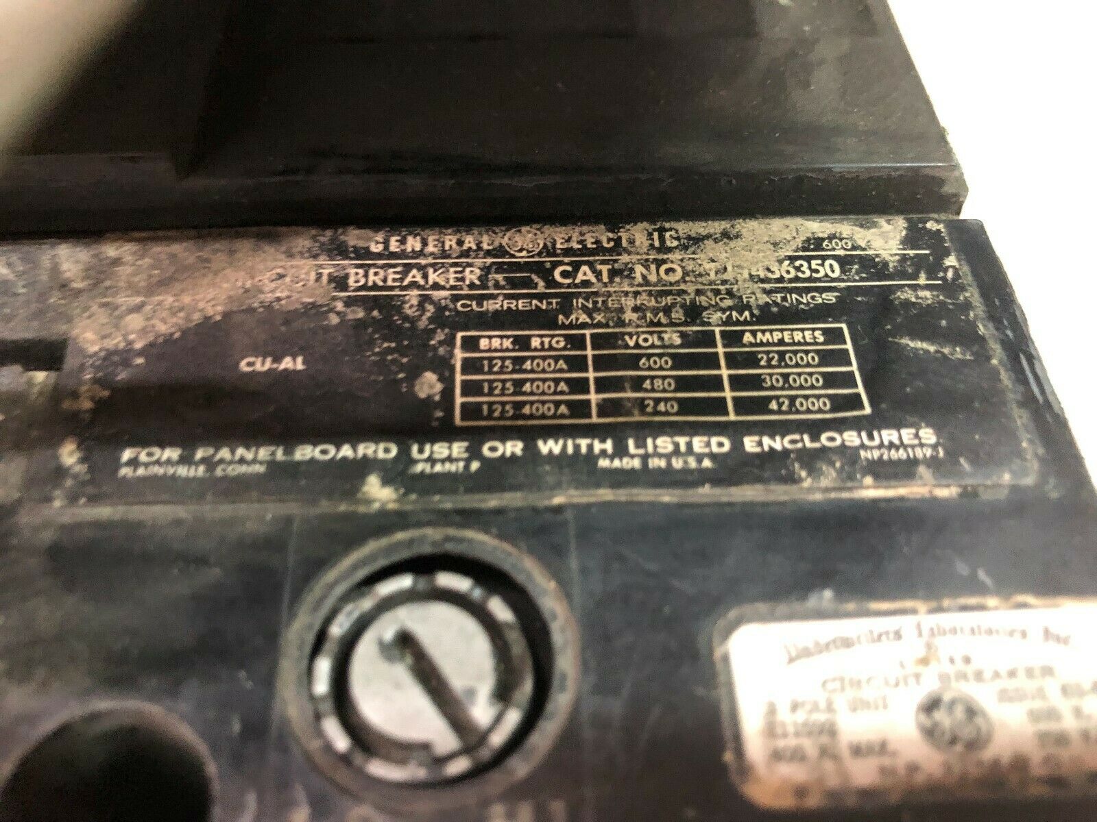 USED GE 350 AMP 3 POLE 600 VAC BREAKER WITH TJR1 HANDLE TJJ436350 / TJR1