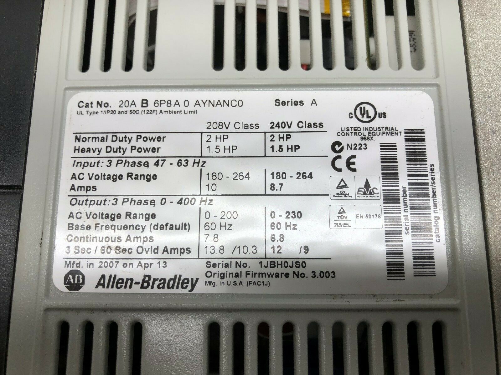 USED ALLEN BRADLEY POWERFLEX 70 2 HP 240 VAC 3 PH 0-400 HZ FREQUENCY DRIVE 20AB6