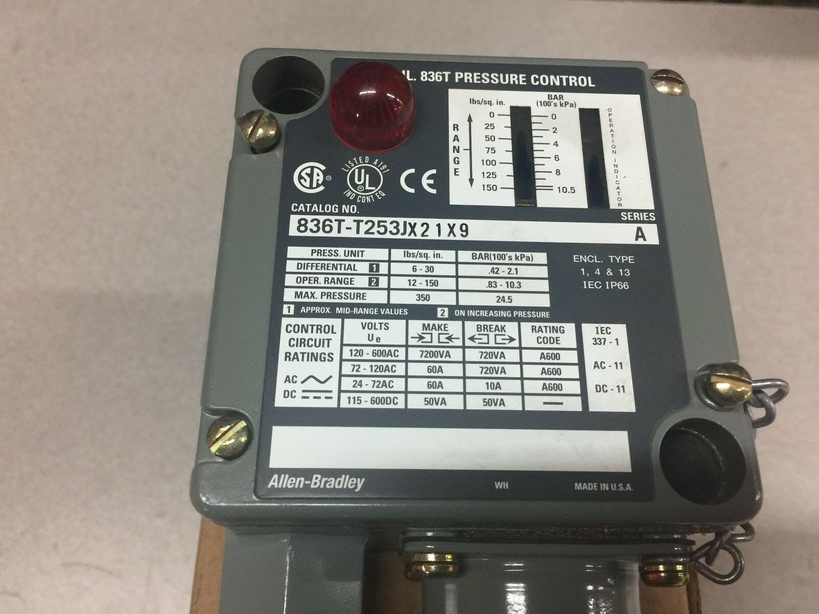 NEW IN BOX ALLEN BRADLEY PRESSURE CONTROL SWITCH 836T-T253JX21X9