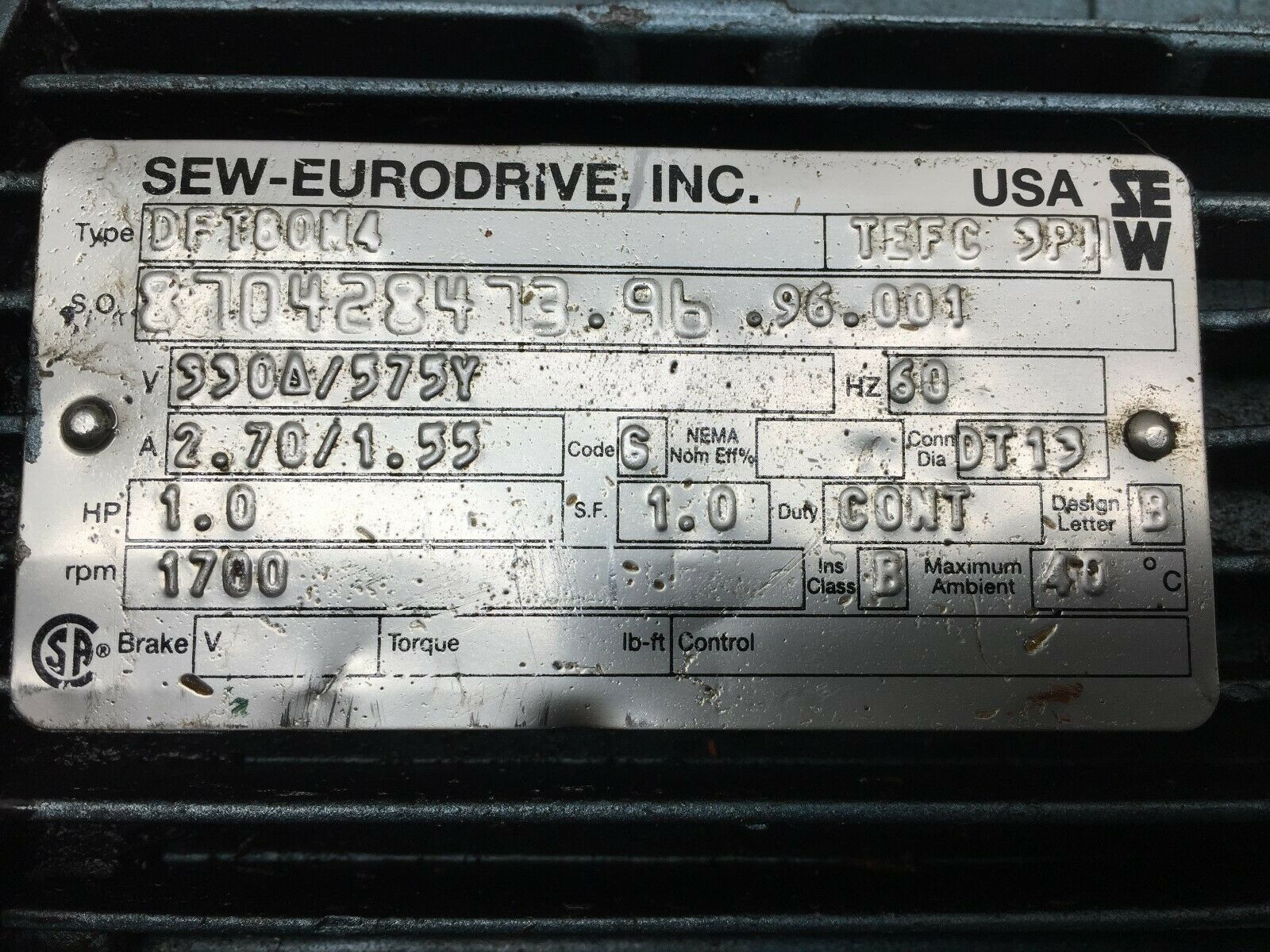 USED SEW EURODRIVE 8.97:1 RATIO 1700 RPM 575 VAC 1HP 3PH GEAR MOTOR R4DDTBDM4 /