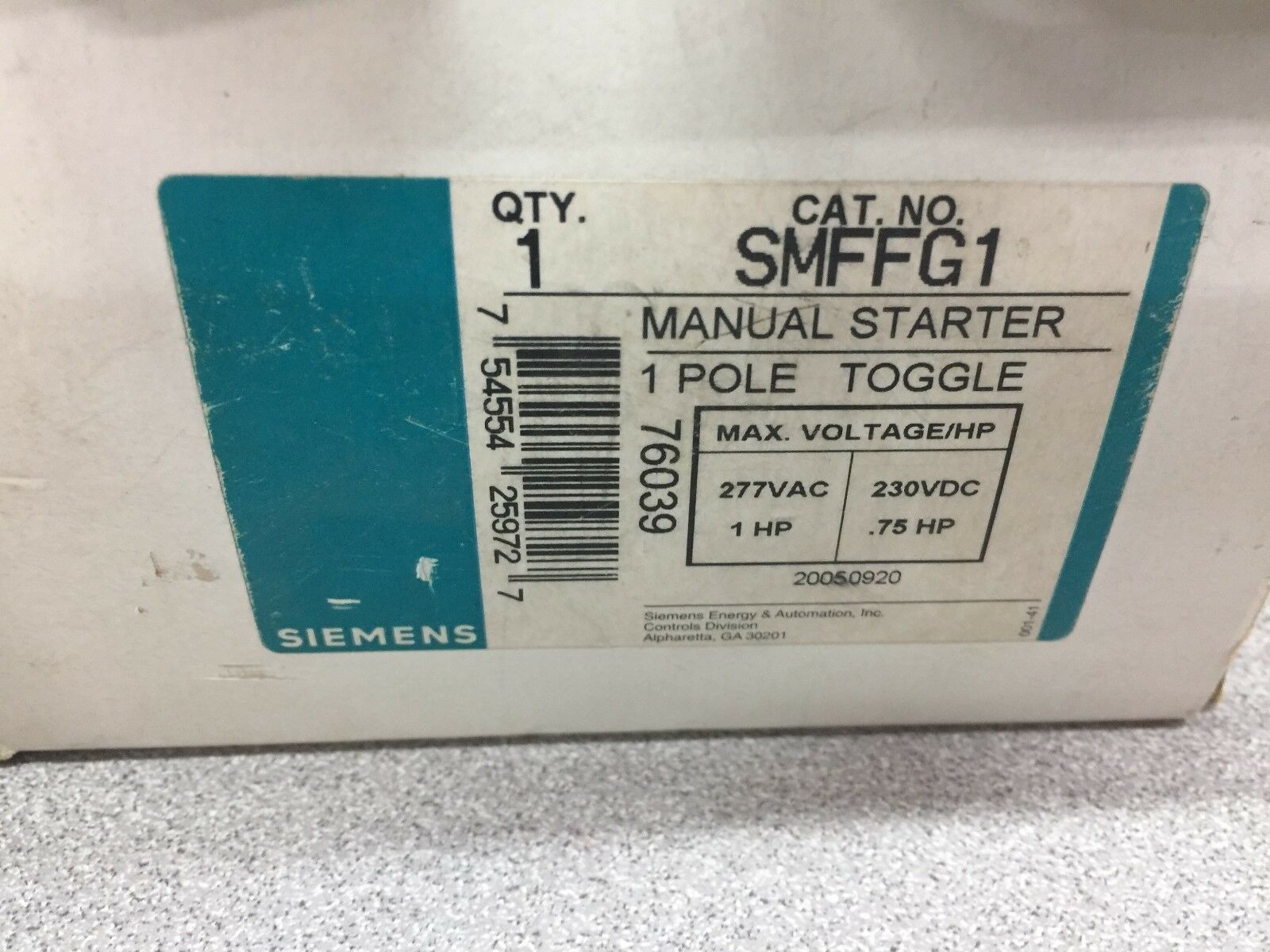 NEW IN BOX SIEMENS MANUAL STARTER 1POLE 277VAC 1HP SMFFG1