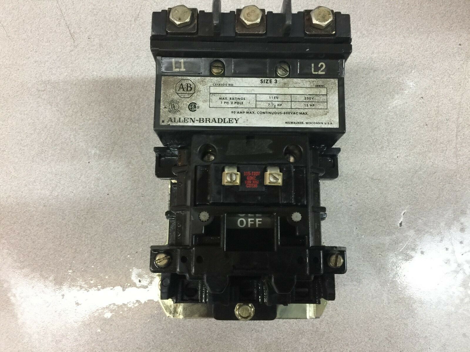 USED ALLEN BRADLEY SIZE 3 120 VAC COIL 3 POLE 90 AMP 600 VAC CONTACTOR 500-D0B92