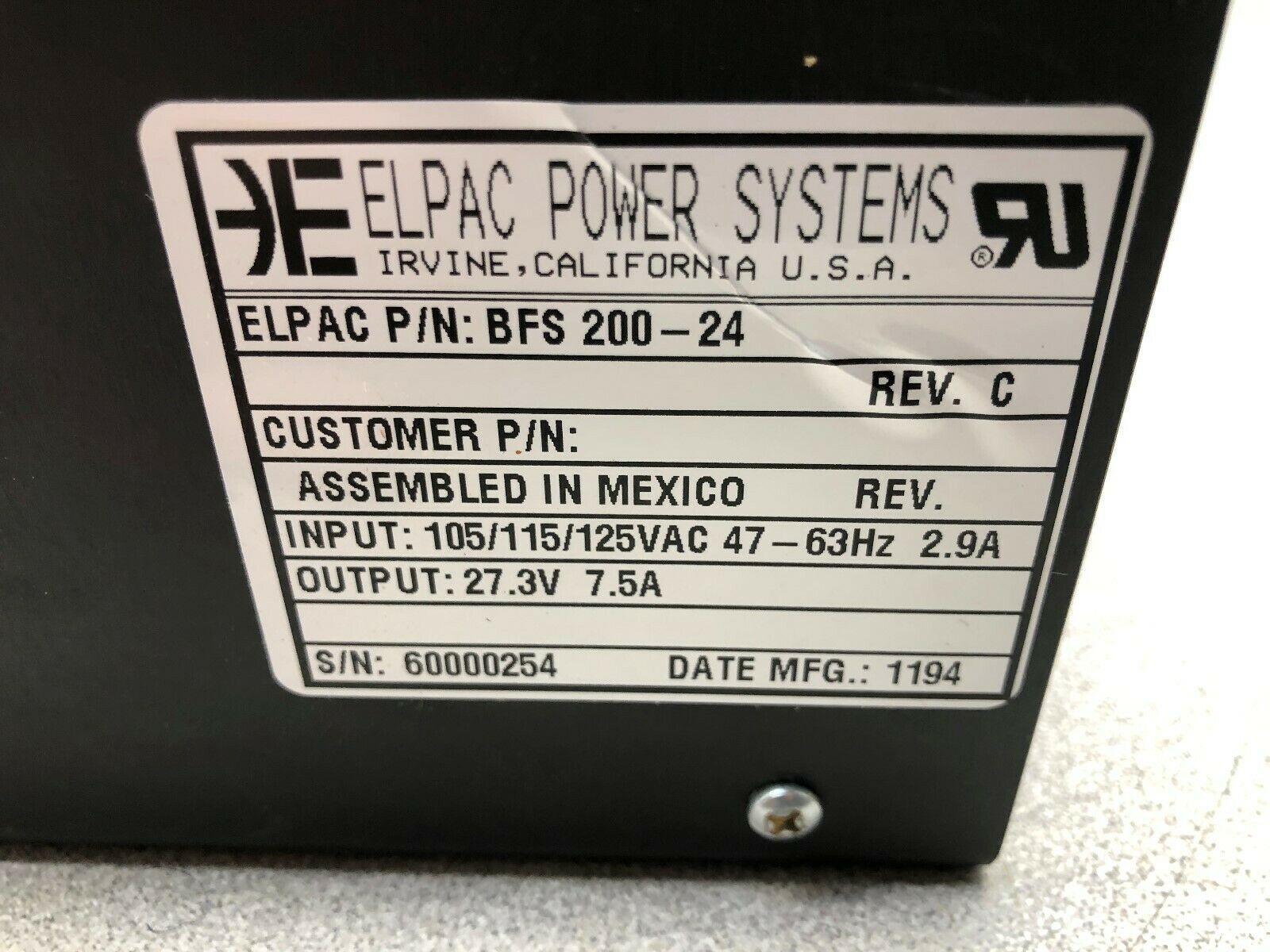 NEW NO BOX ELPAC 120 VAC INPUT 27.3 VDC 7.5 AMP OUTPUT POWER SUPPLY BFS 200-24