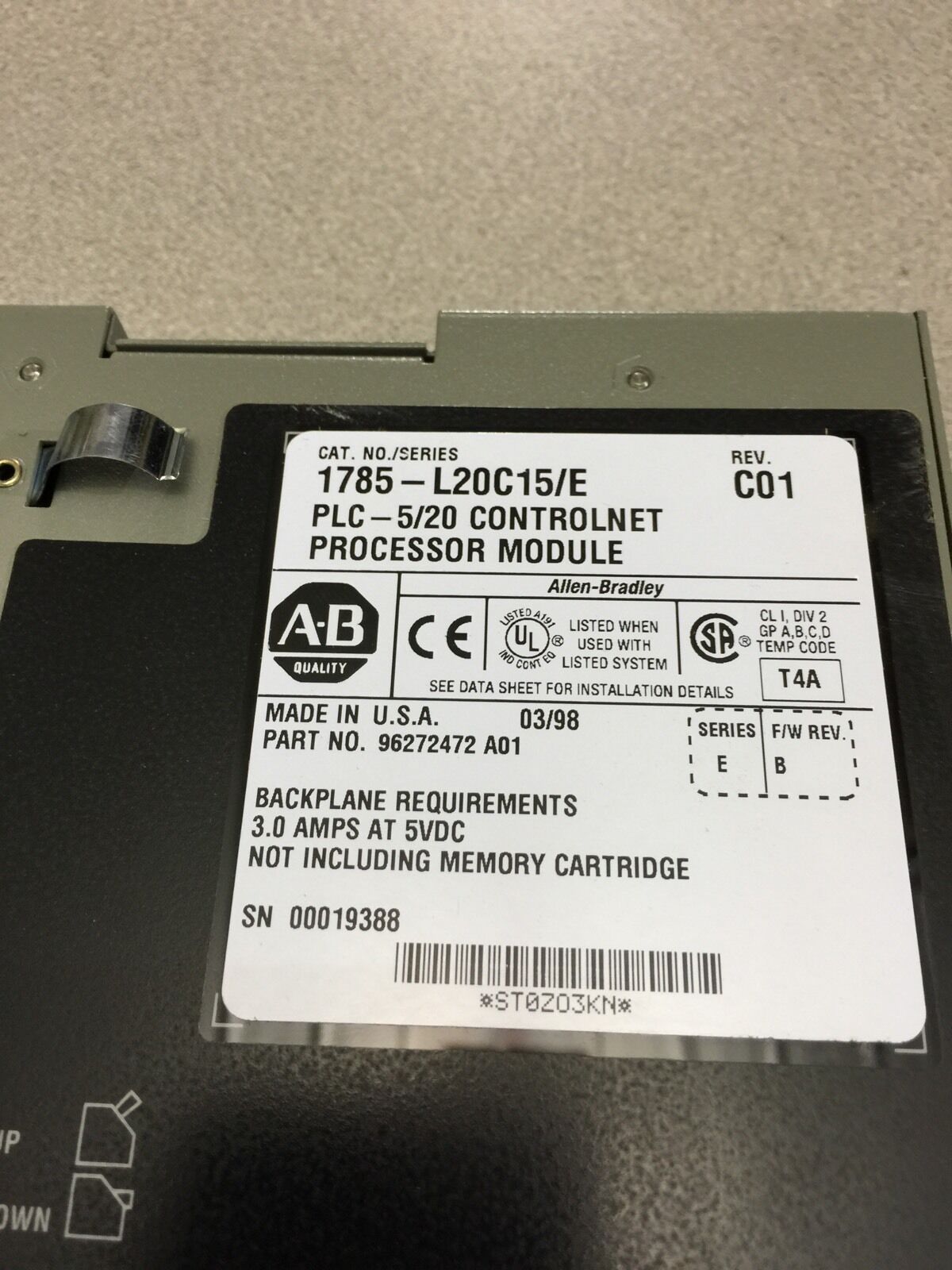 USED ALLEN-BRADLEY PLC-5/20 CONTROLNET PROCESSOR 1785-L20C15 SERIES E REV. B