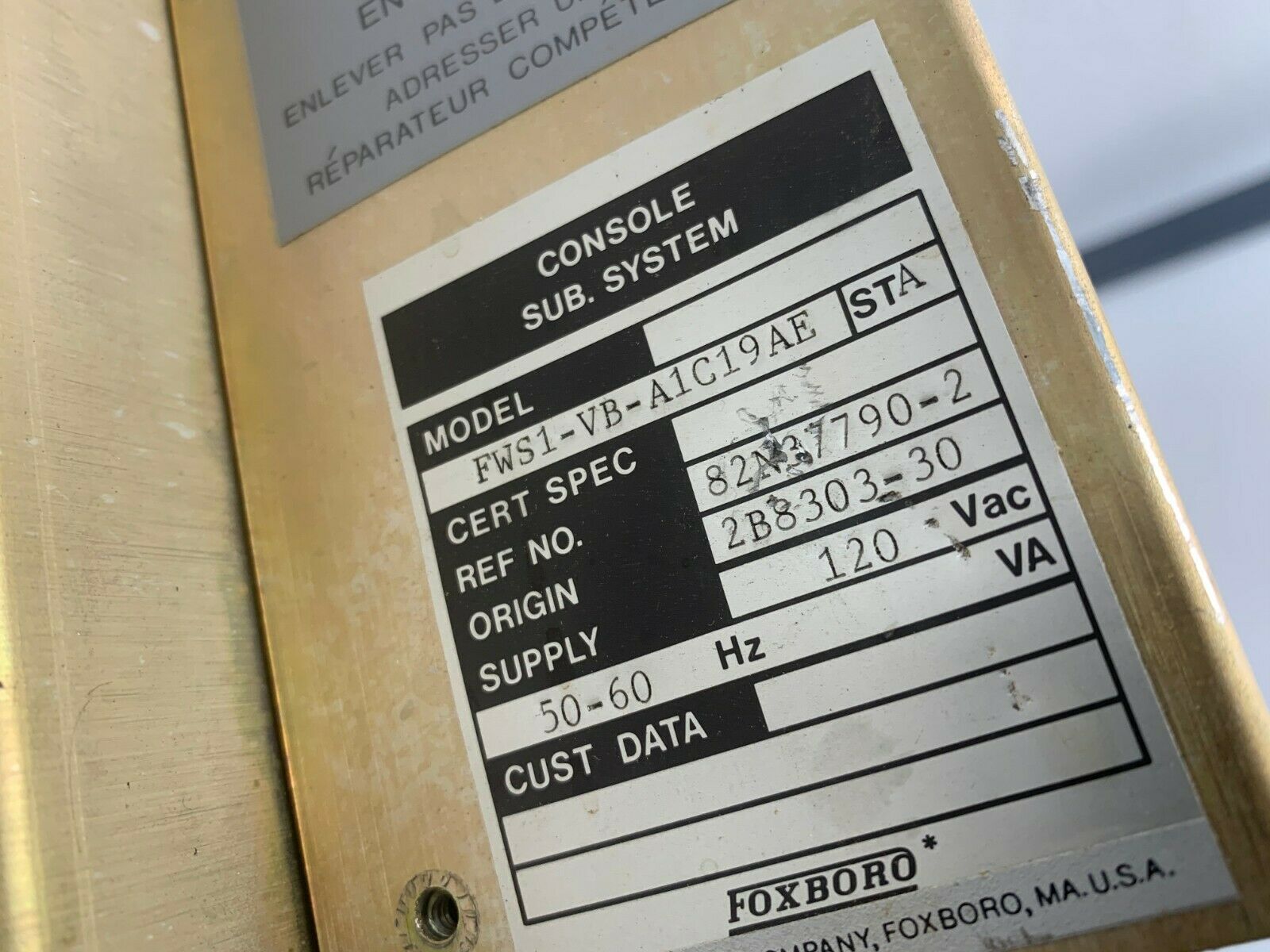 USED FOXBORO CONSOLE SUB. SYSTEM FWS1-VB-A1C19AE